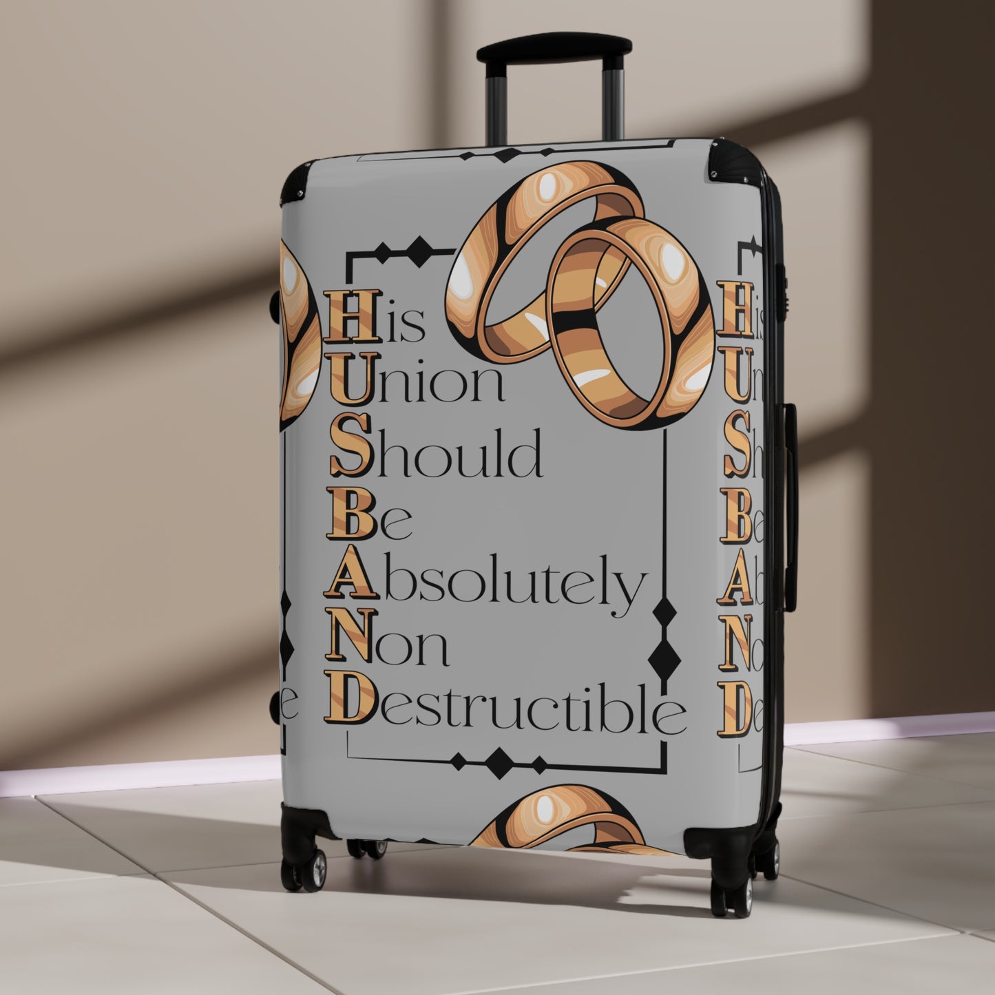 H.U.S.B.A.N.D. Travel Suitcase with Inspirational Quote: Perfect Wedding Gift, Honeymoon Accessory, Luggage for Couples, Engagement Travel Case