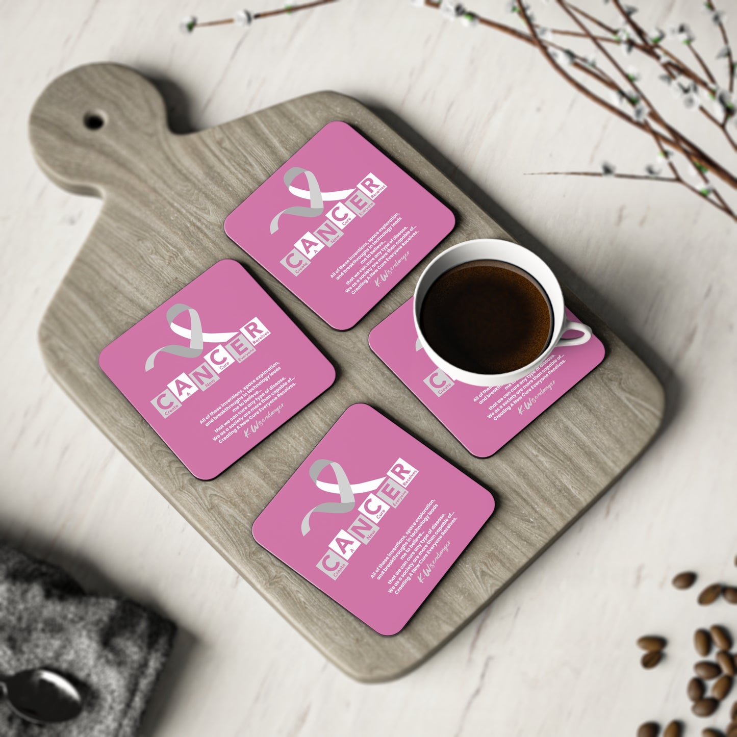 Breast C.A.N.C.E.R. Awareness Coasters — Pink Ribbon Support Drink Coaster (Set)