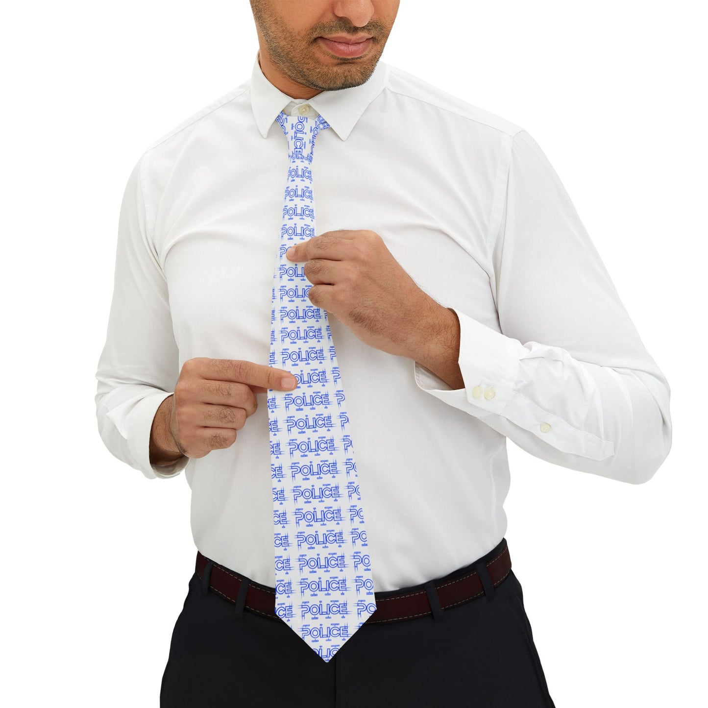 P.O.L.I.C.E. Blue Pattern Necktie, Stylish Tie for Men, Fashion Accessory, Gifts for Him, Wedding, Business Attire, Casual Look