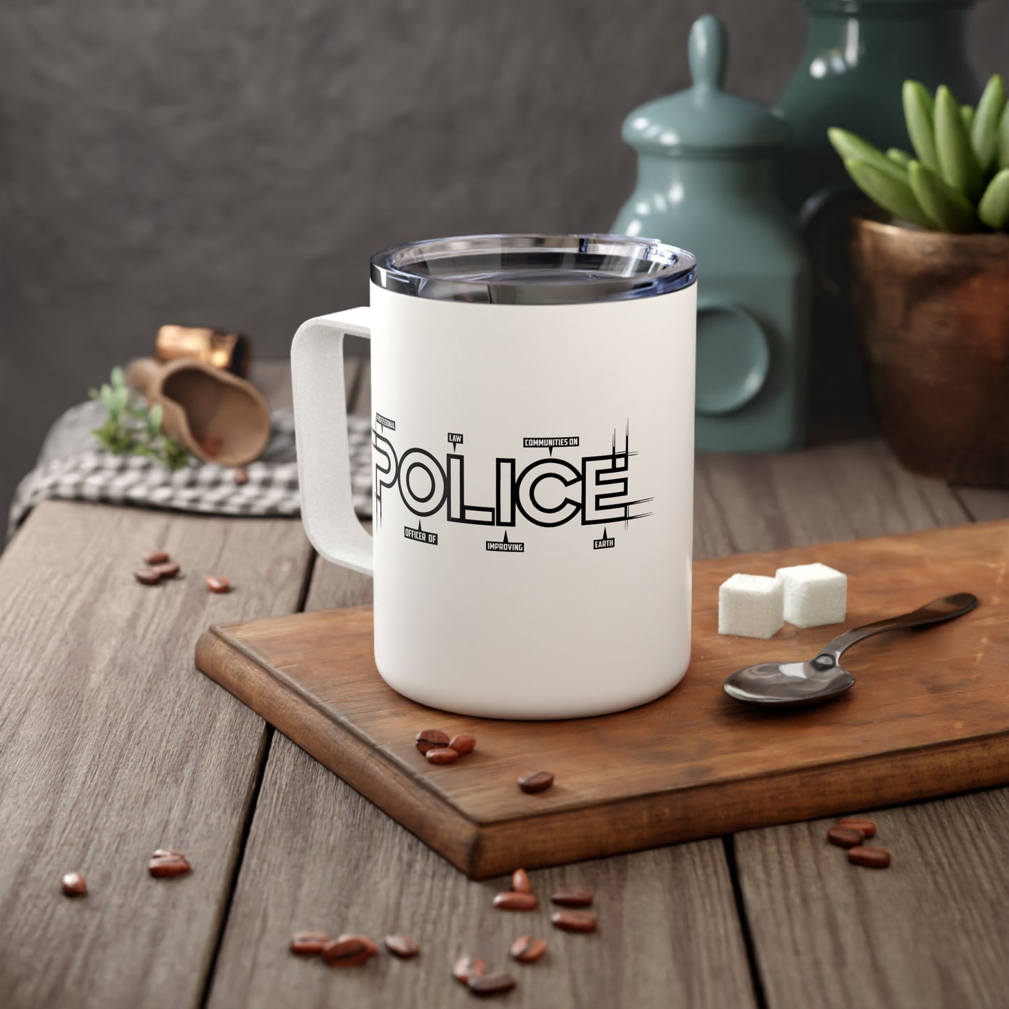 P.O.L.I.C.E. (Professional Officer Of Law Improving Communities on Earth) Stylish Insulated Coffee Mug, Unique Gift for Coffee Lover