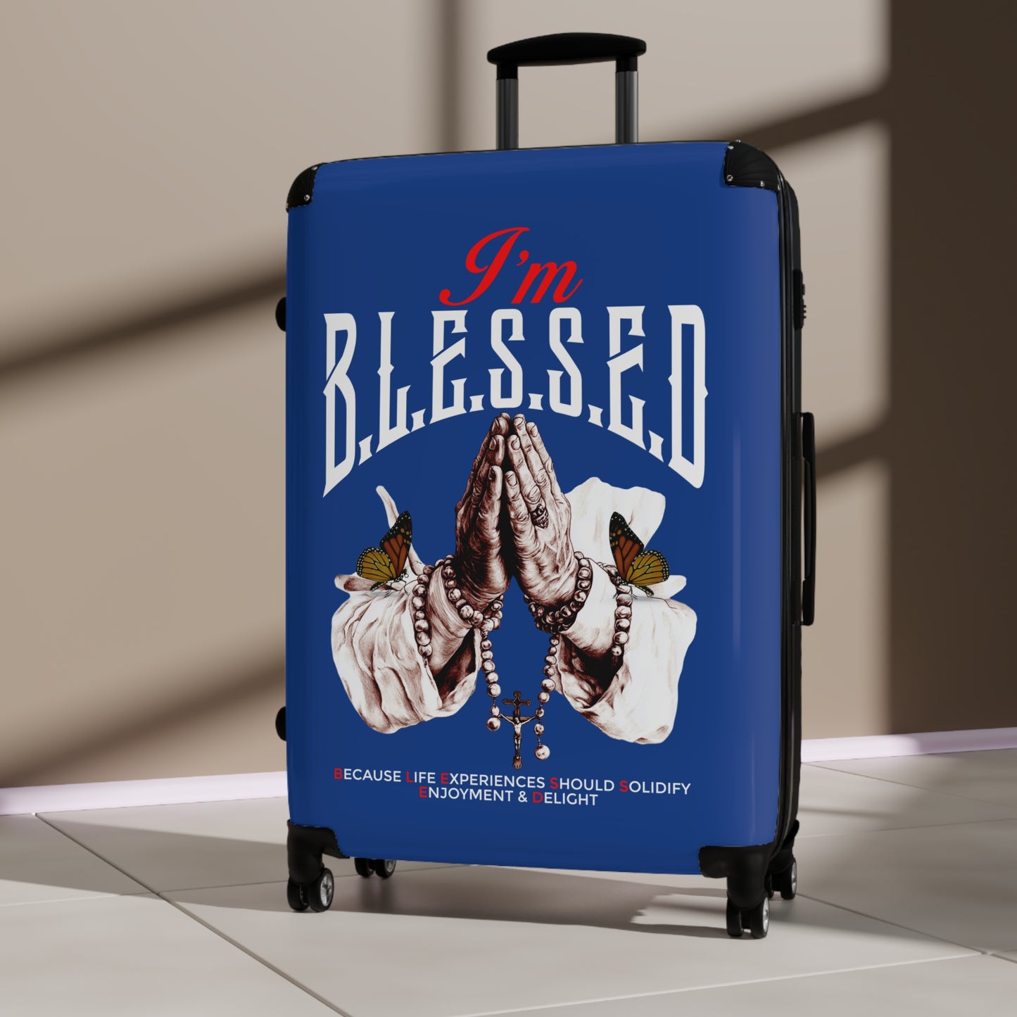 Blessed Travel Suitcase, Inspirational Luggage, Prayer Hand Design, Perfect Gift for Travelers, Positive Vibes, Vacation Essentials