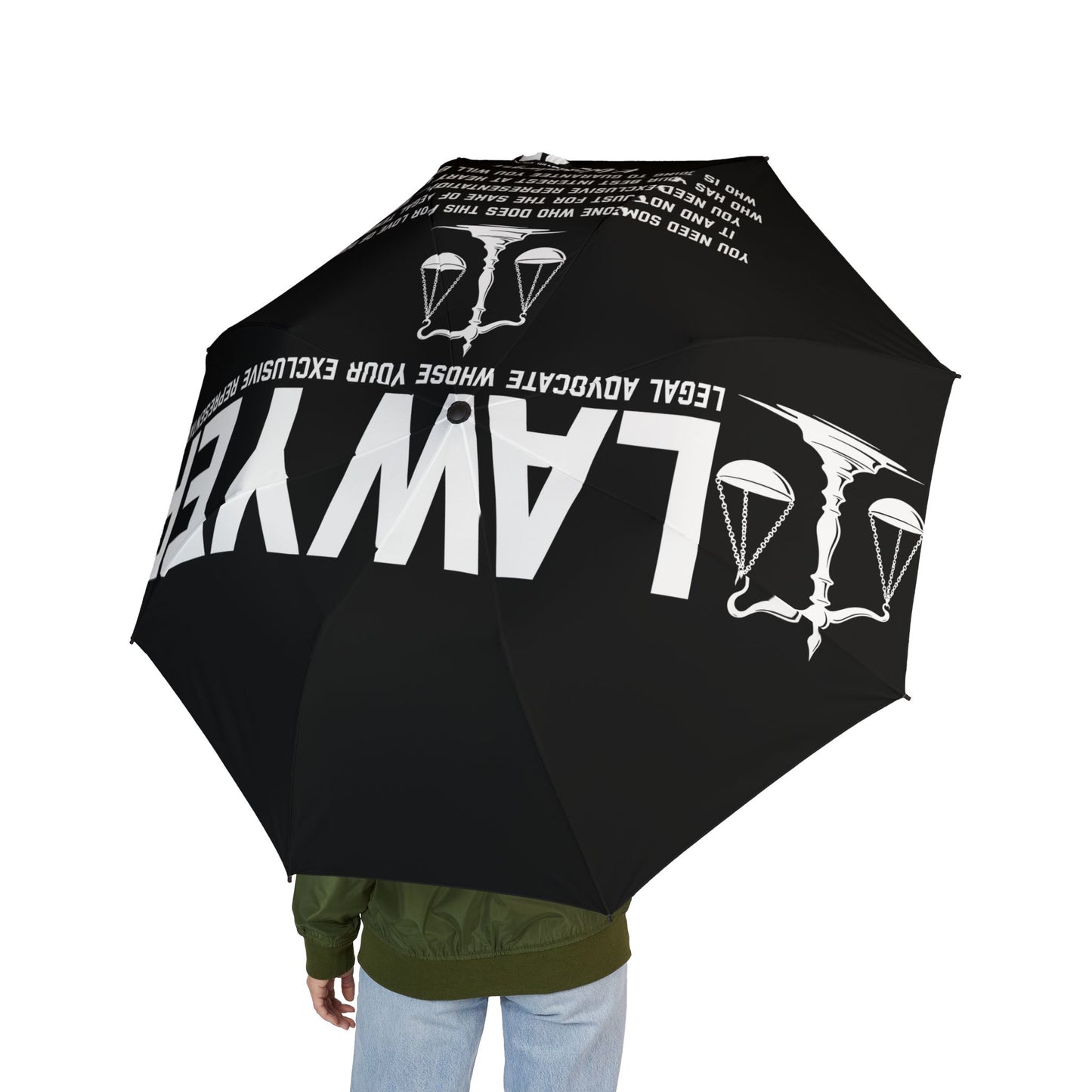 L.A.W.Y.E.R. Scales Foldable Umbrella — Compact Semi-Automatic Rain Parasol with Legal Gavel & Slogan