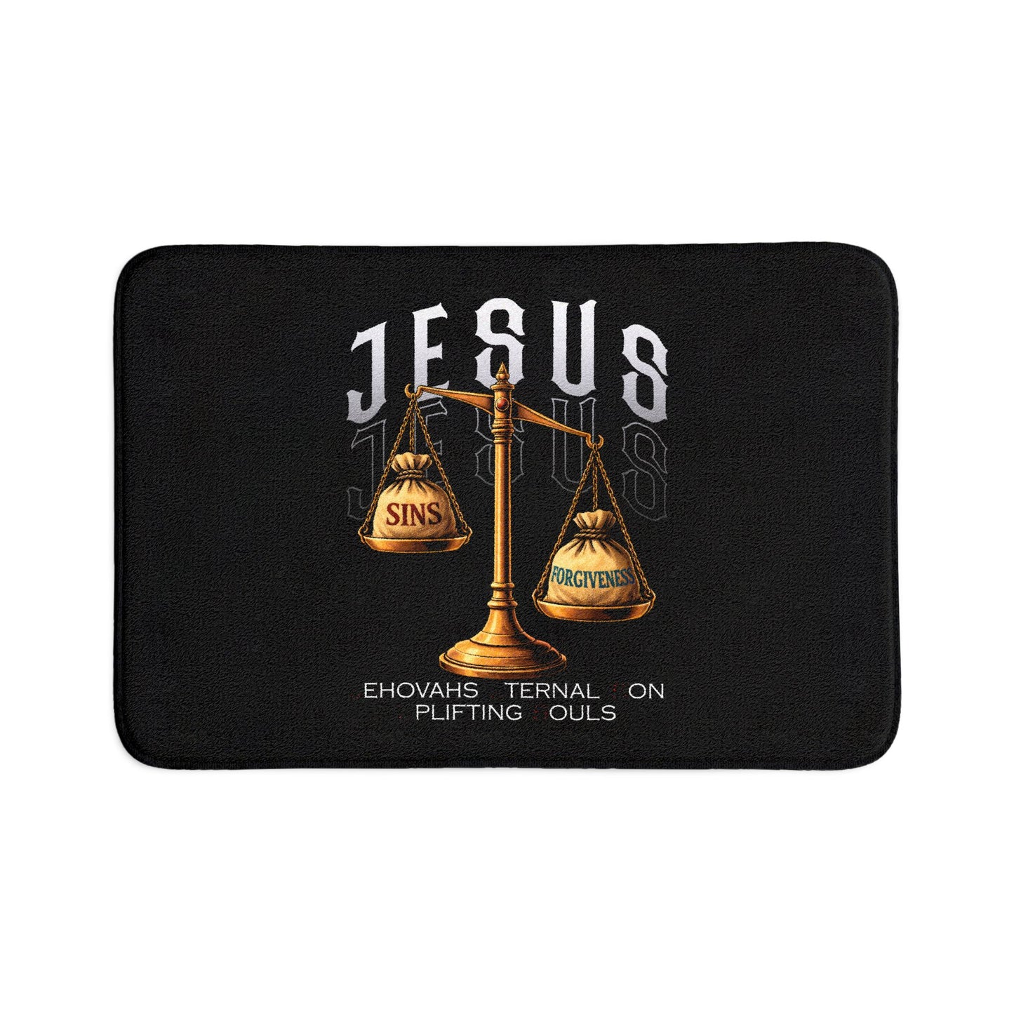 Jesus Scales Bath Mat Set — 3-Piece Religious Bathroom Rug (Sins vs Forgiveness)