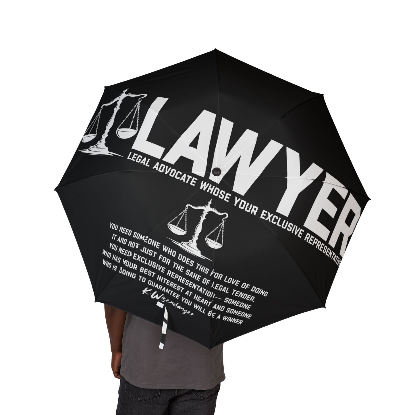 L.A.W.Y.E.R. Scales Foldable Umbrella — Compact Semi-Automatic Rain Parasol with Legal Gavel & Slogan
