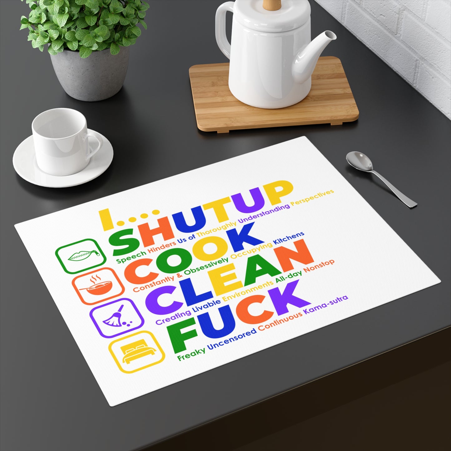 Placemat — 'SHUT UP COOK CLEAN FUCK' Rainbow Kitchen Humor Placemat