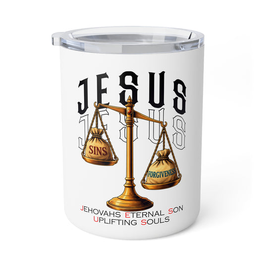 J.E.S.U.S. Insulated Coffee Mug 10oz — Jesus Scales of Forgiveness Design