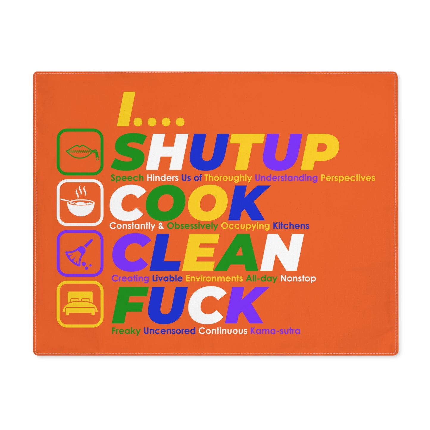 Funny Kitchen Placemat — "Shut Up, Cook, Clean, Fuck" Humorous Bold Table Mat for Home Chefs