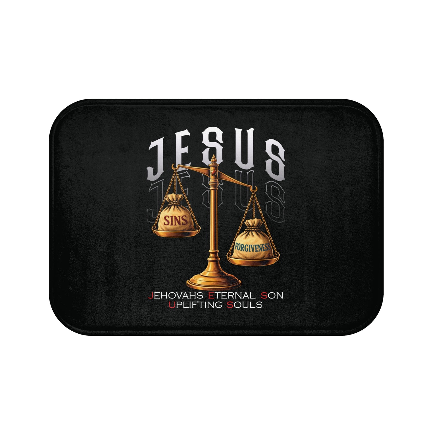 Christian Bath Mat — Jesus Scales of Sins & Forgiveness Design