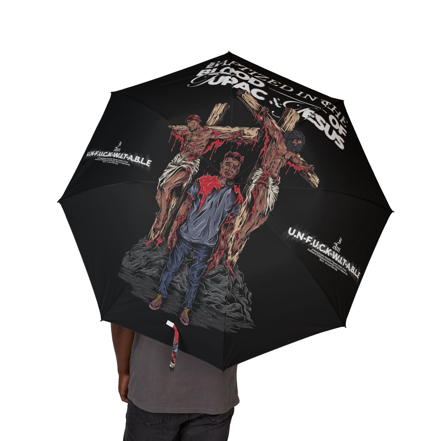 BAPTIZED IN THE BLOOD Foldable Umbrella — Rain Umbrella with Inverted Text Design