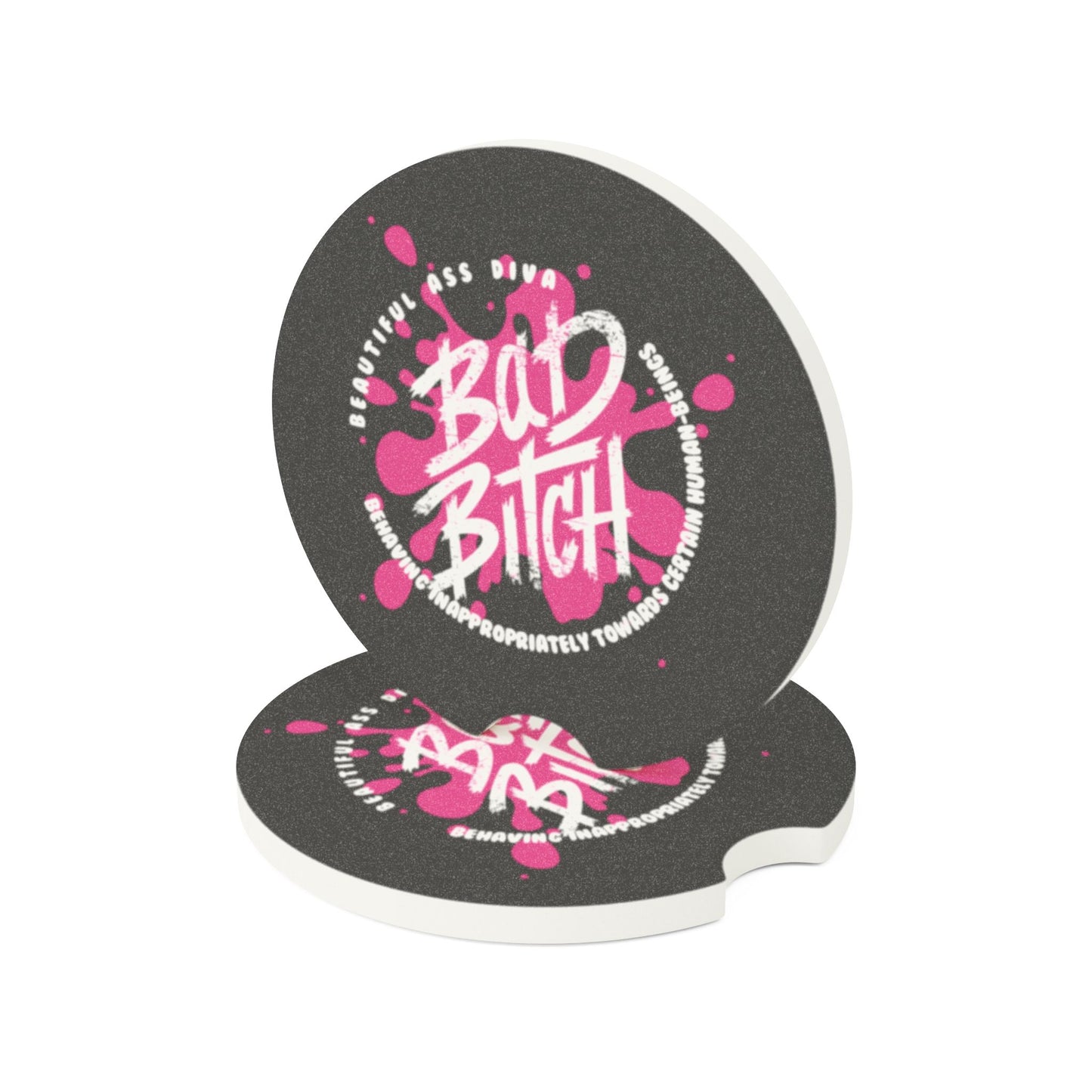 Soapstone Car Coaster — “Bad Bitch” Pink Graffiti Car Cup Holder Coaster