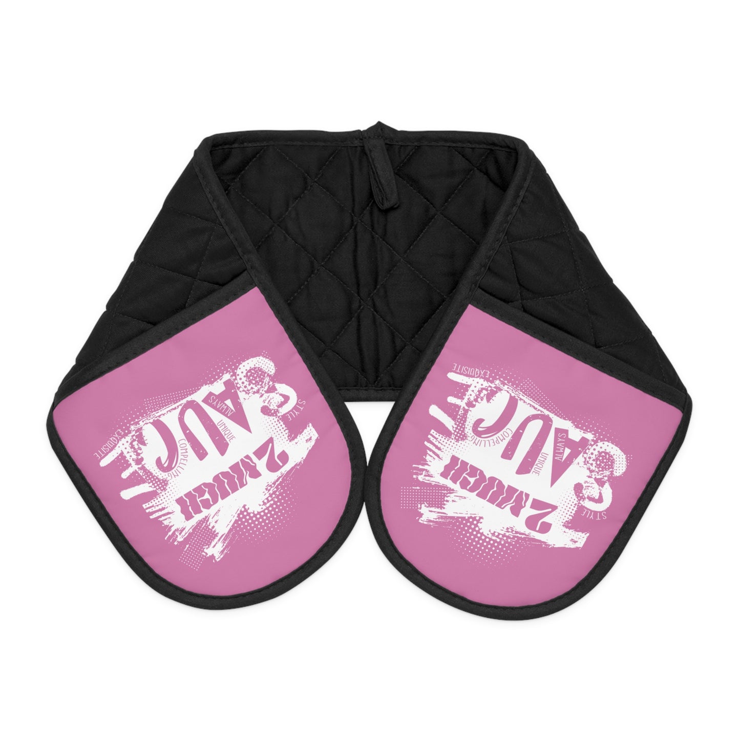 2 Much Sauce Oven Mitts - Pink "Sauce" Double Pot Holder (Long Quilted Handle Cover)