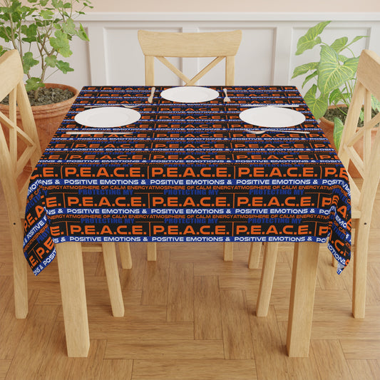 Peace Pattern Tablecloth — Bold Orange & Navy Repeating "P.E.A.C.E." Design