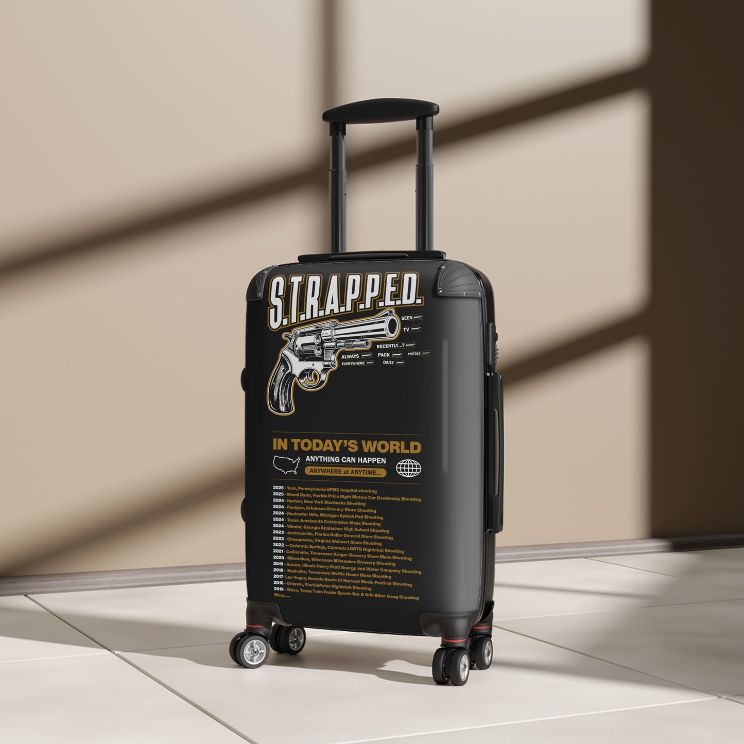 S.T.R.A.P.P.E.D. Carry-On Luggage, Travel Bag, Adventure Suitcase, Unique Vacation Gear, Gun Design Suitcase