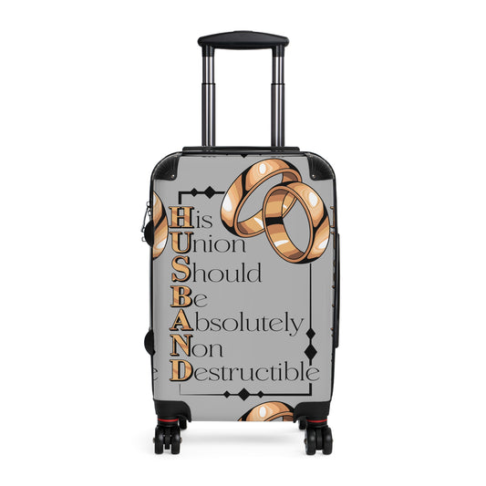 H.U.S.B.A.N.D. Travel Suitcase with Inspirational Quote: Perfect Wedding Gift, Honeymoon Accessory, Luggage for Couples, Engagement Travel Case