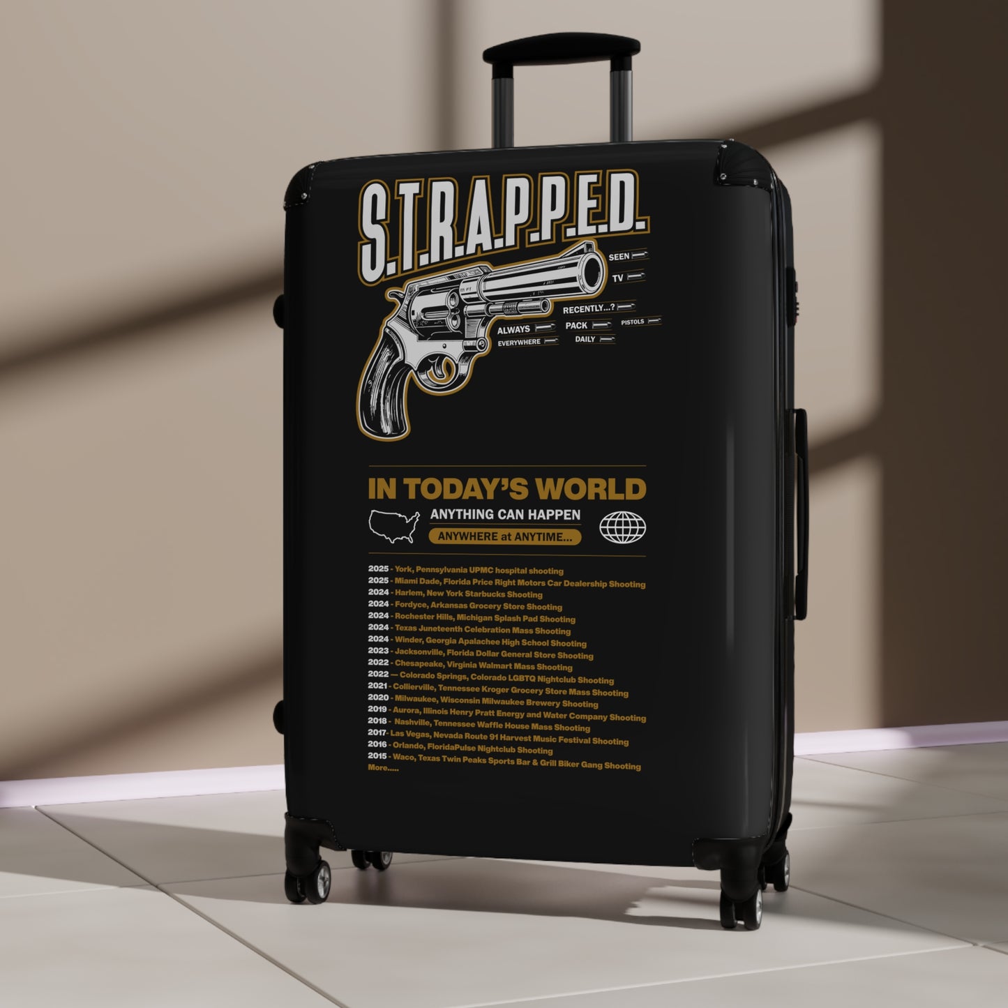 S.T.R.A.P.P.E.D. Carry-On Luggage, Travel Bag, Adventure Suitcase, Unique Vacation Gear, Gun Design Suitcase