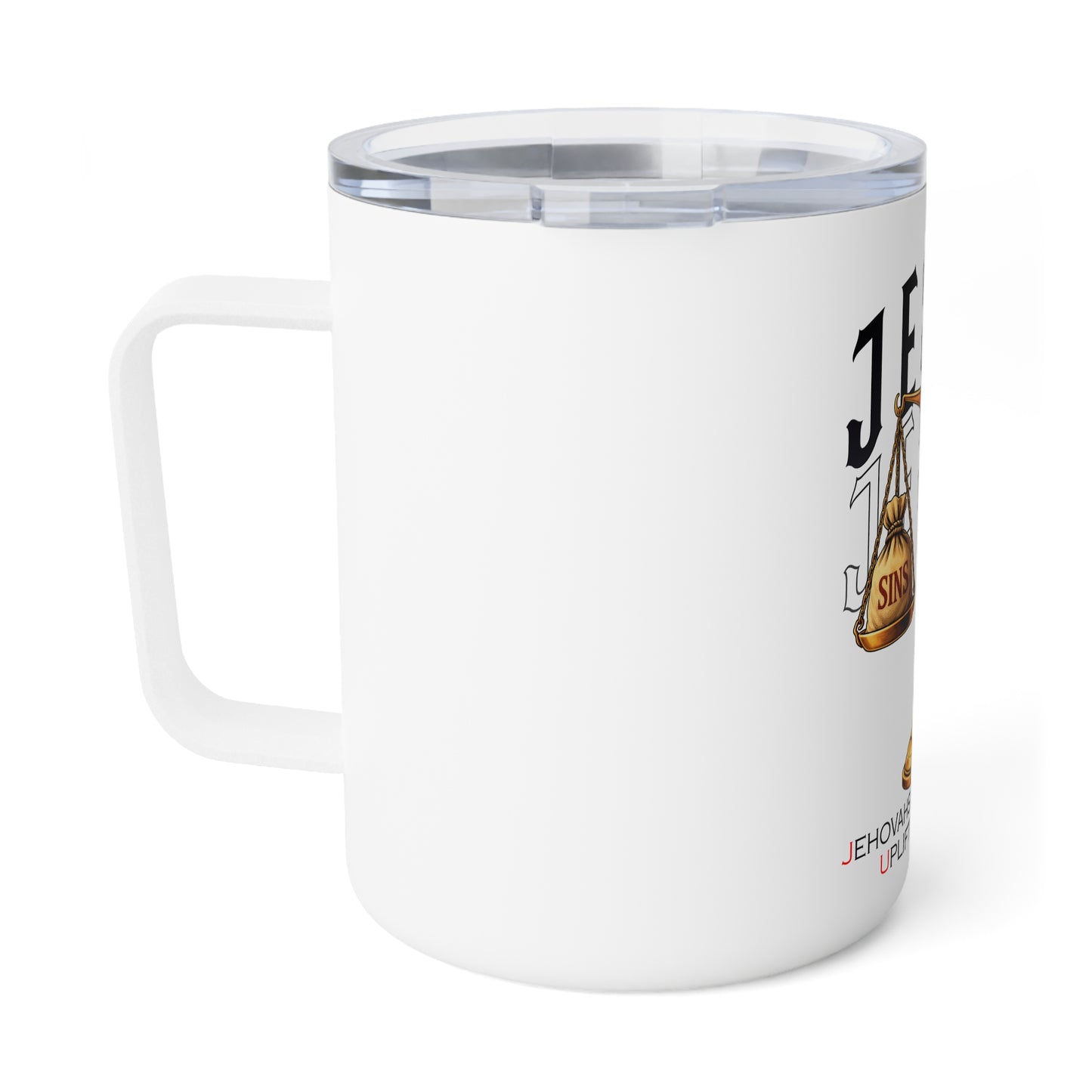 J.E.S.U.S. Insulated Coffee Mug 10oz — Jesus Scales of Forgiveness Design