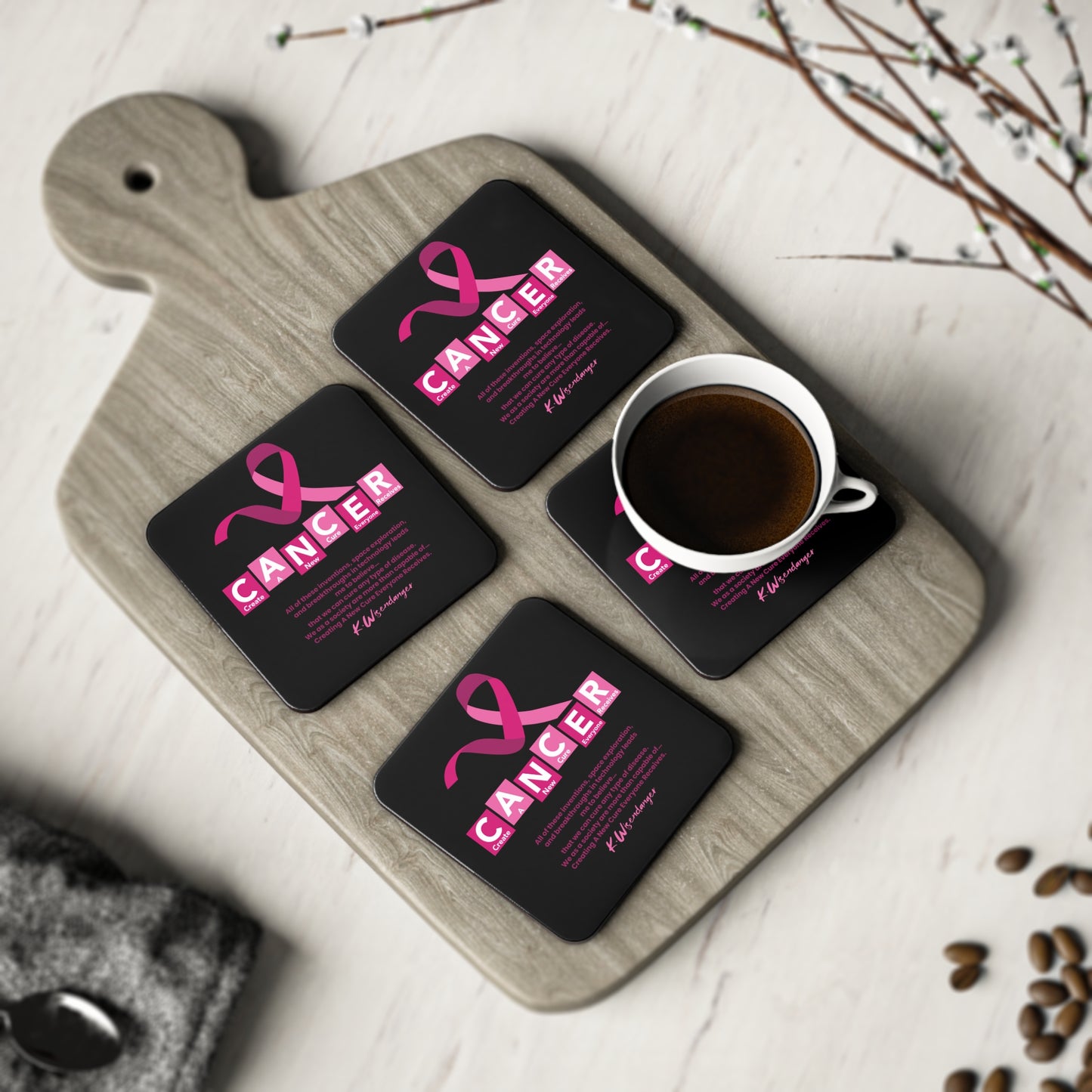 Breast C.A.N.C.E.R.  Awareness Coaster — Pink Ribbon Support Drink Coaster