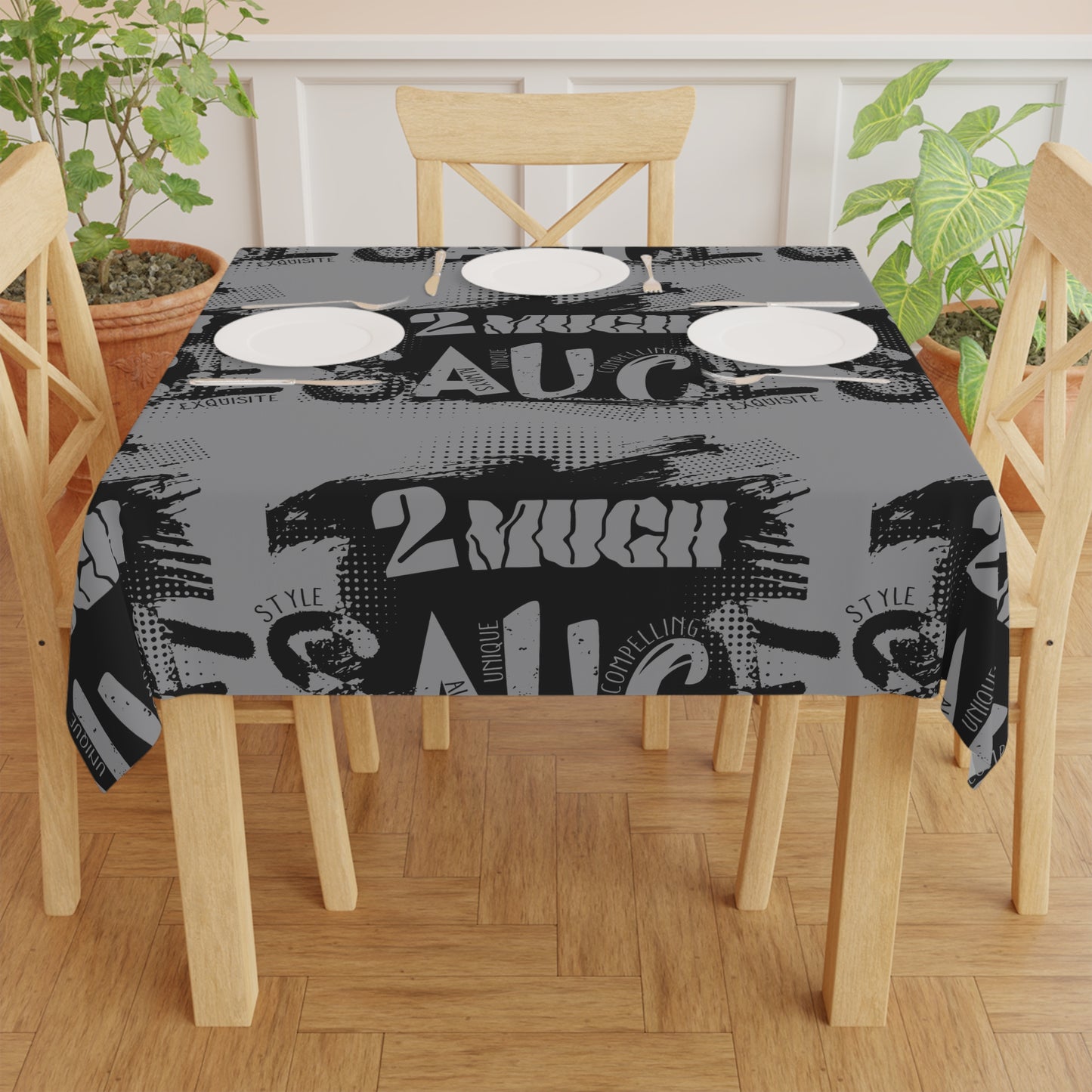 Graffiti '2 Much Sauce' Black & Gray Tablecloth — Urban Street Art Table Cover