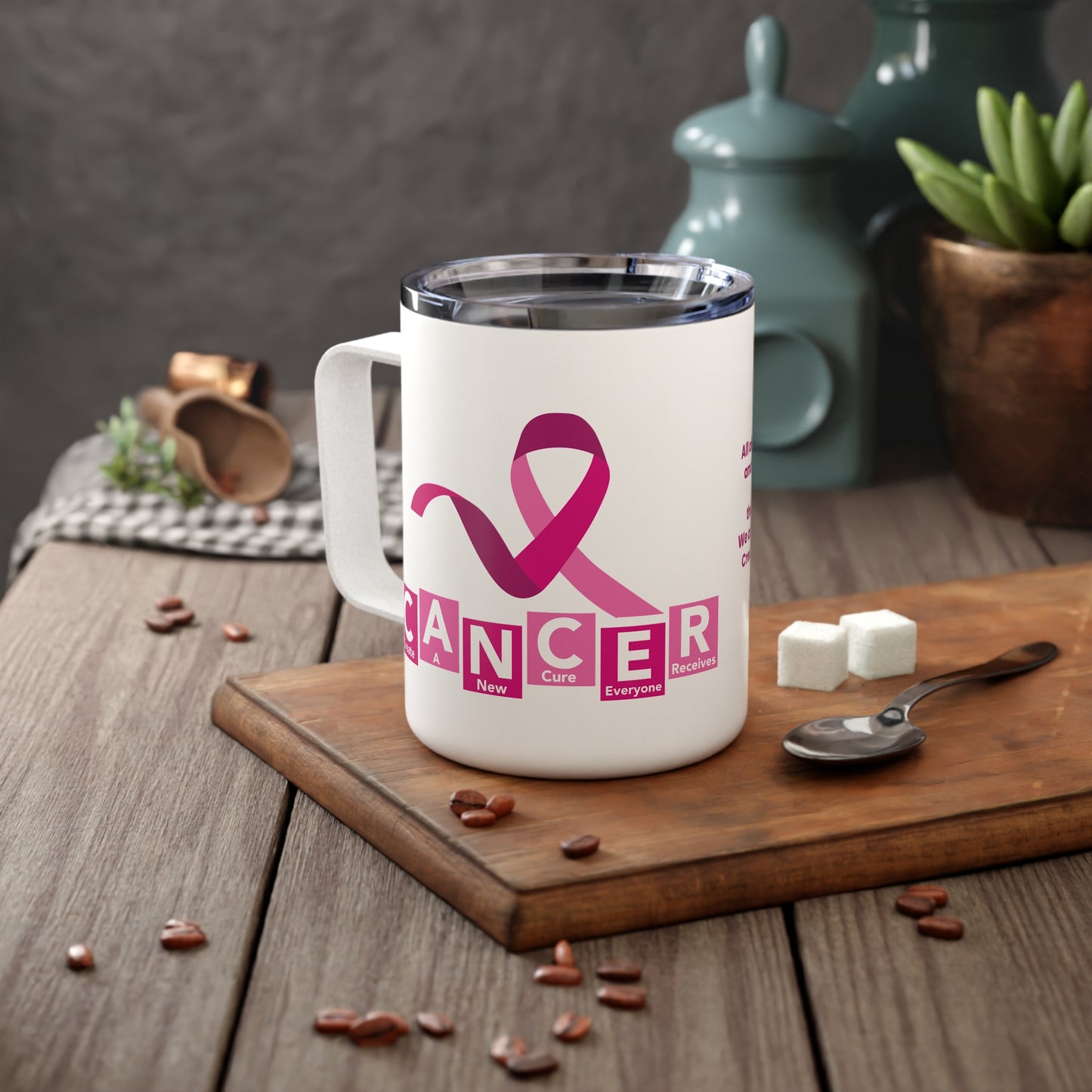 Inspirational Insulated Coffee Mug, Gift for Cancer Awareness, Pink Ribbon, Motivational Quotes, Tea Mug, Encouragement