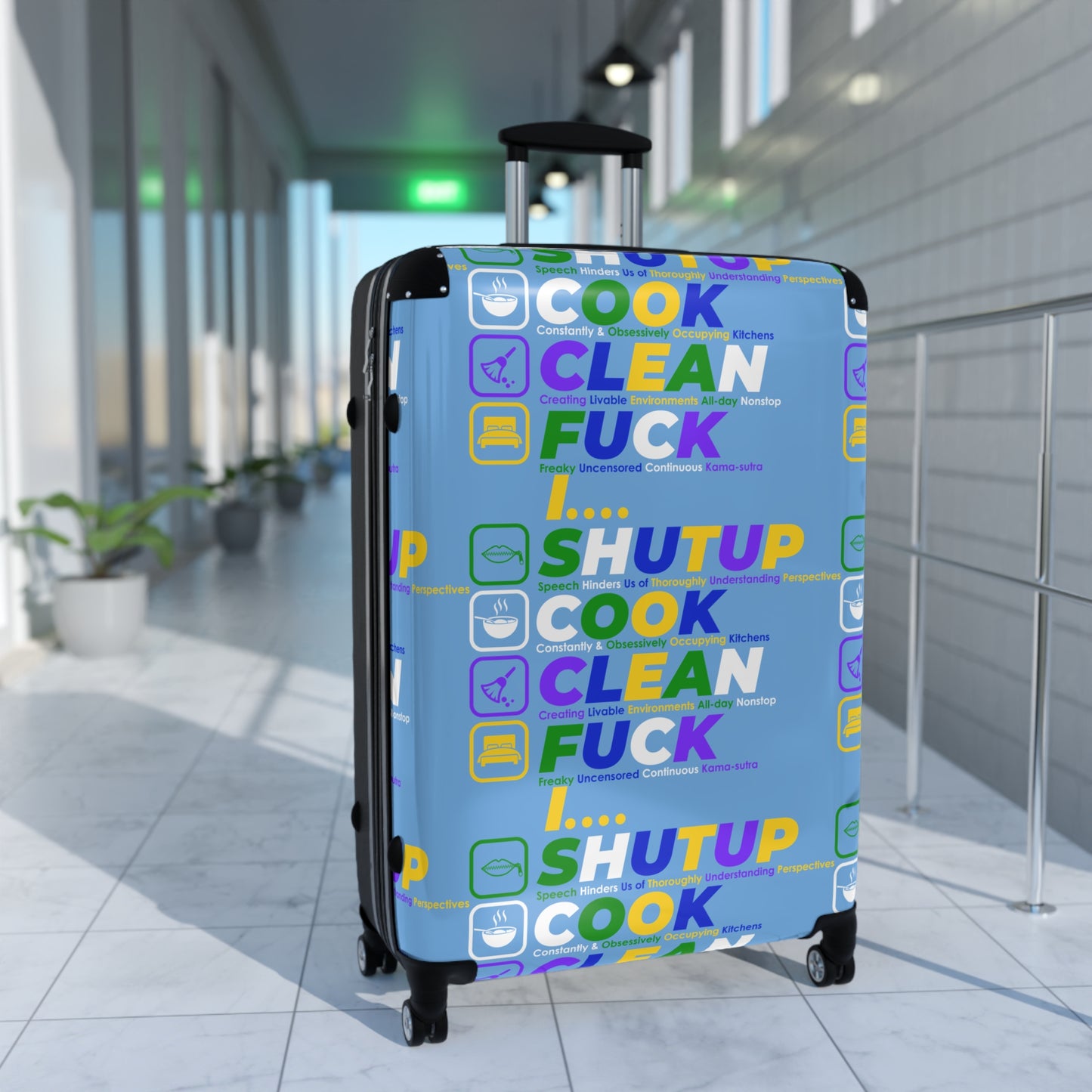 Shut Up Cook Clean Fuck Travel Suitcase, Colorful Luggage, Funny Carry-On, Gift for Travelers, Vacation Essentials, Travel Humor