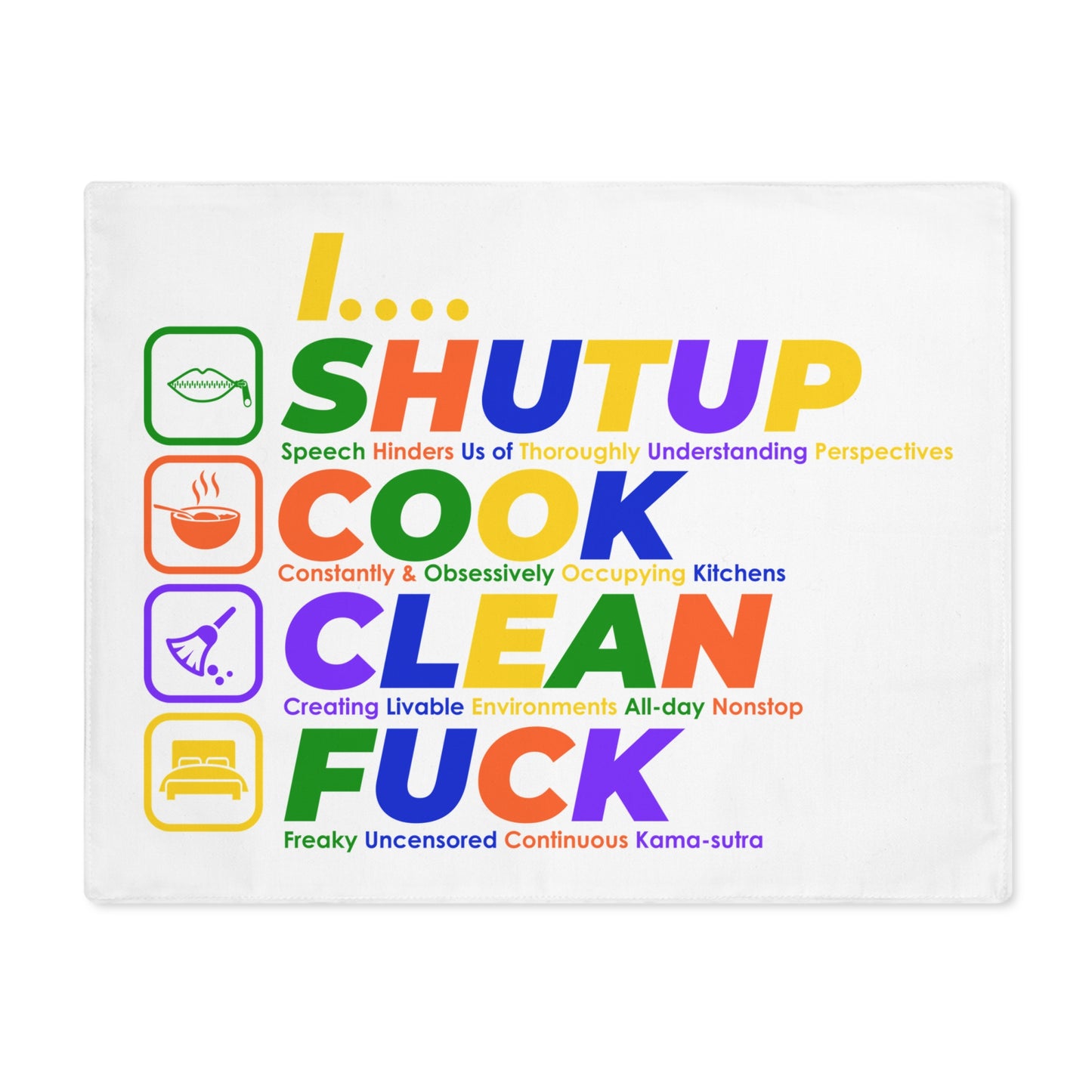 Placemat — 'SHUT UP COOK CLEAN FUCK' Rainbow Kitchen Humor Placemat