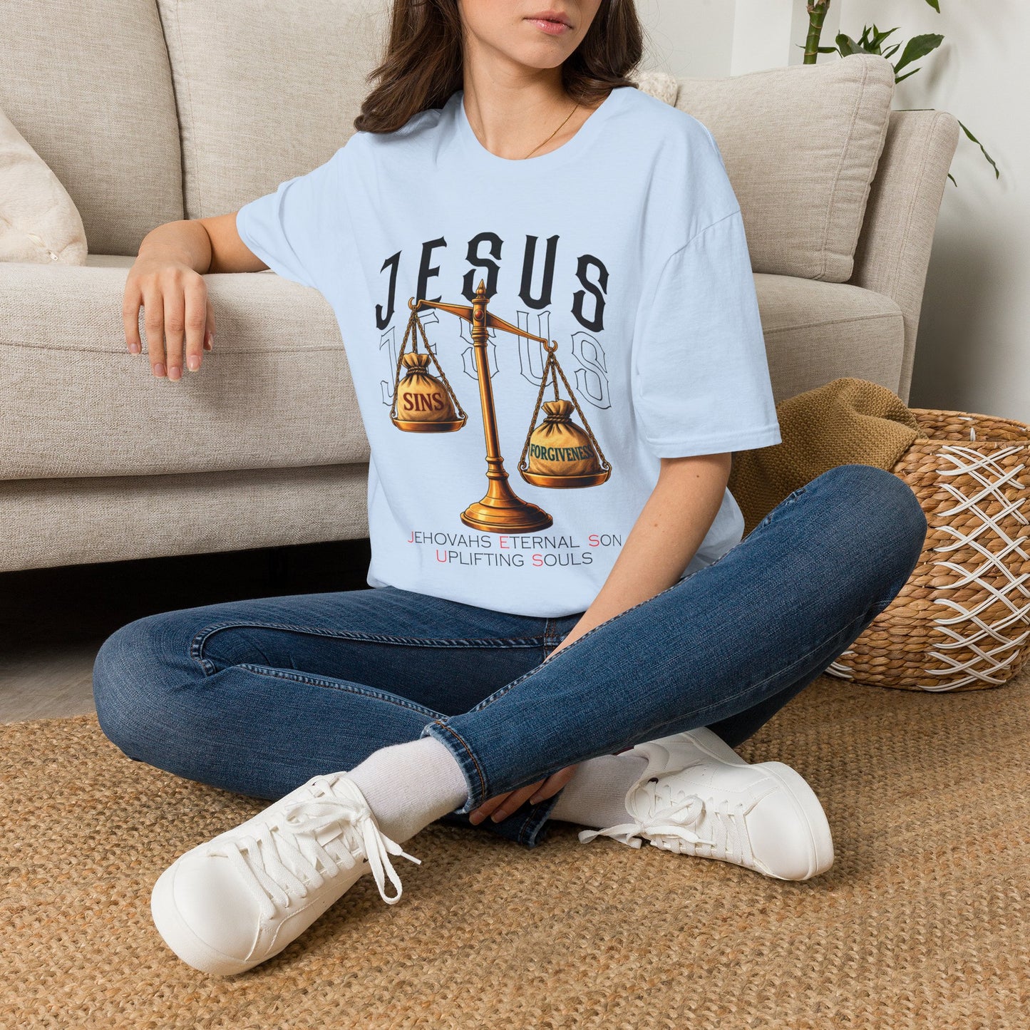 Jesus Scales T-Shirt — "Sins" vs "Forgiveness" Faith Graphic Tee