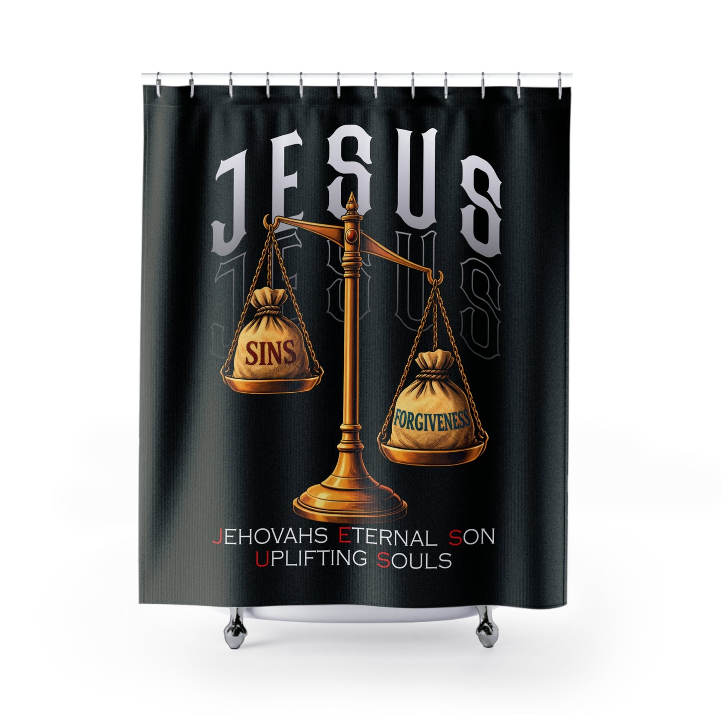 Jesus Scales Shower Curtain — Sins vs Forgiveness Christian Bathroom Decor