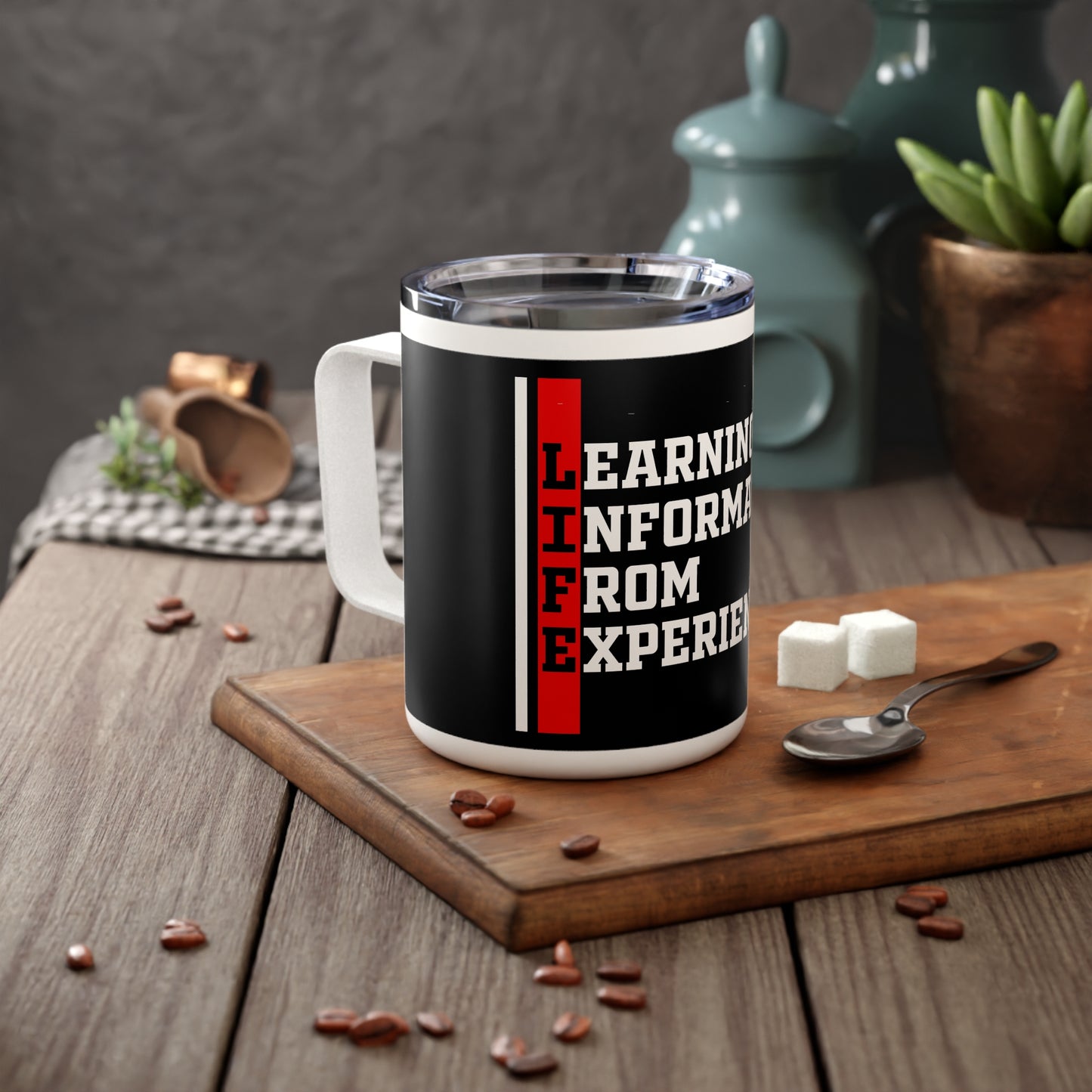 L.I.F.E. (Learning Information From Experience) Stylish Insulated Coffee Mug for Lifelong Learners, Hot Drinks, Gift for Students, Motivational Mug, Life Lessons, Experience Inspired