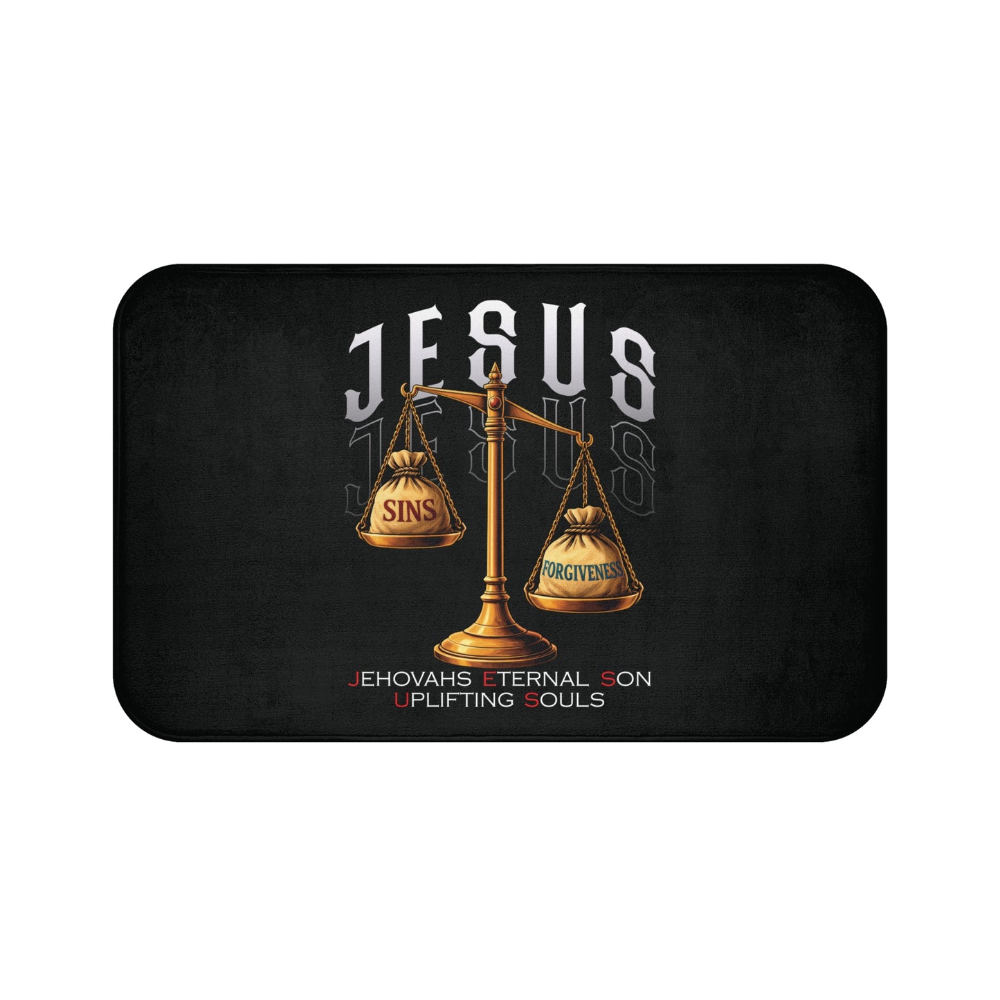 Christian Bath Mat — Jesus Scales of Sins & Forgiveness Design