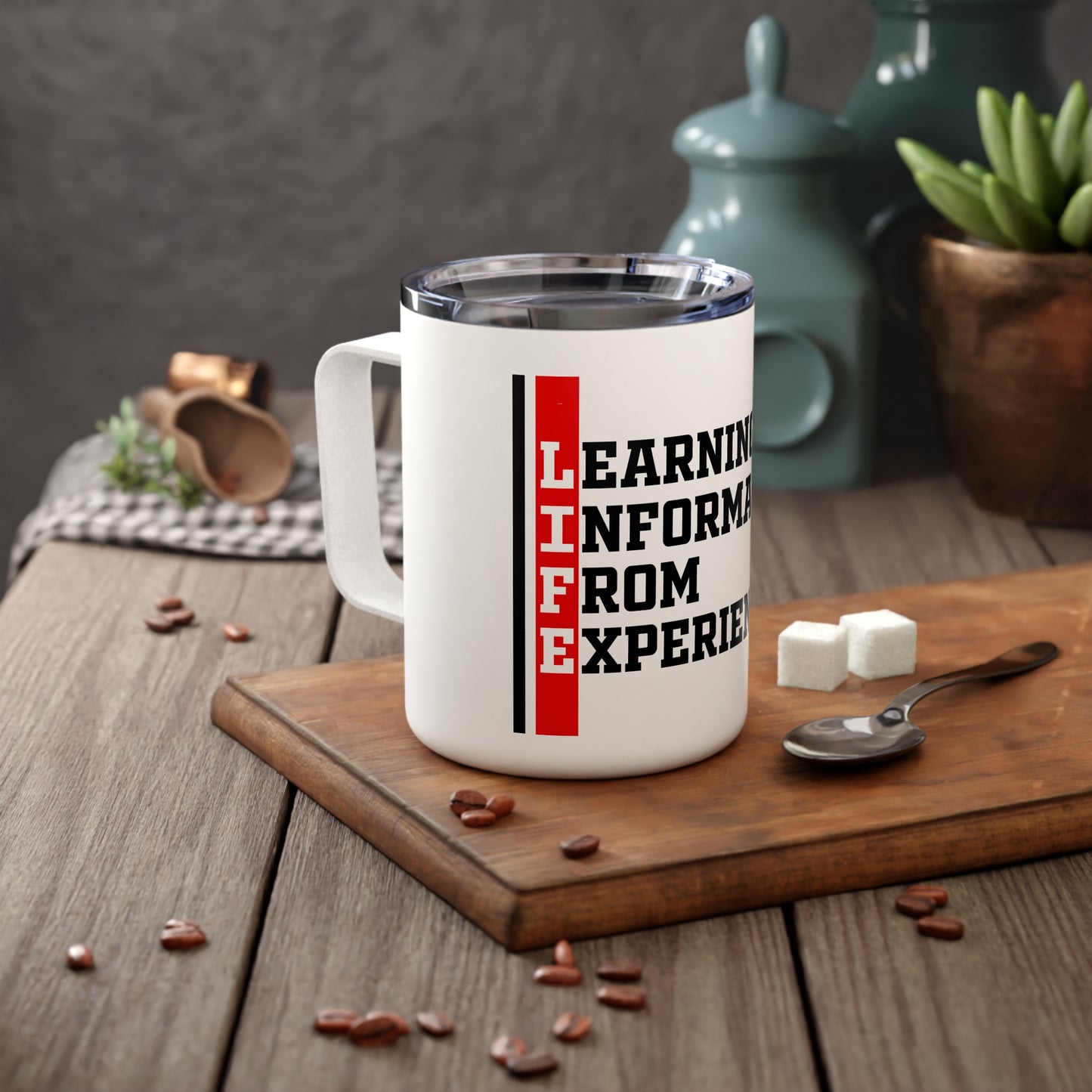 L.I.F.E. Learning Information From Experience) Insulated Coffee Mug, Perfect for Gifting, Travel Mug, Motivational Drinkware, Teachers Gift, Personal Development
