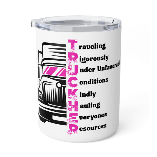 Truckher Insulated Coffee Mug, 10oz | Travel Mug for Female Truck Drivers | Gift for Truckers | Pink Design Mug | Hot Beverage Container