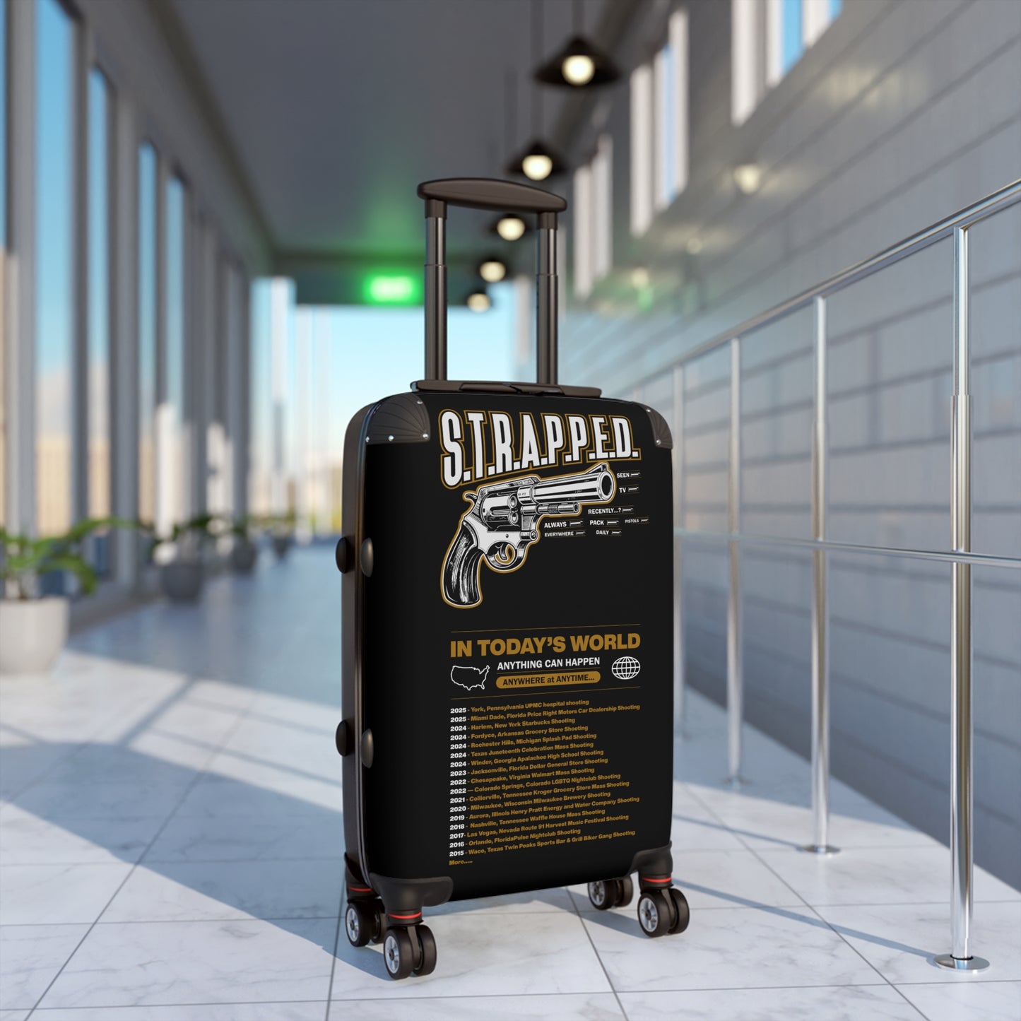 S.T.R.A.P.P.E.D. Carry-On Luggage, Travel Bag, Adventure Suitcase, Unique Vacation Gear, Gun Design Suitcase