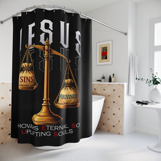 Jesus Scales Shower Curtain — Sins vs Forgiveness Christian Bathroom Decor