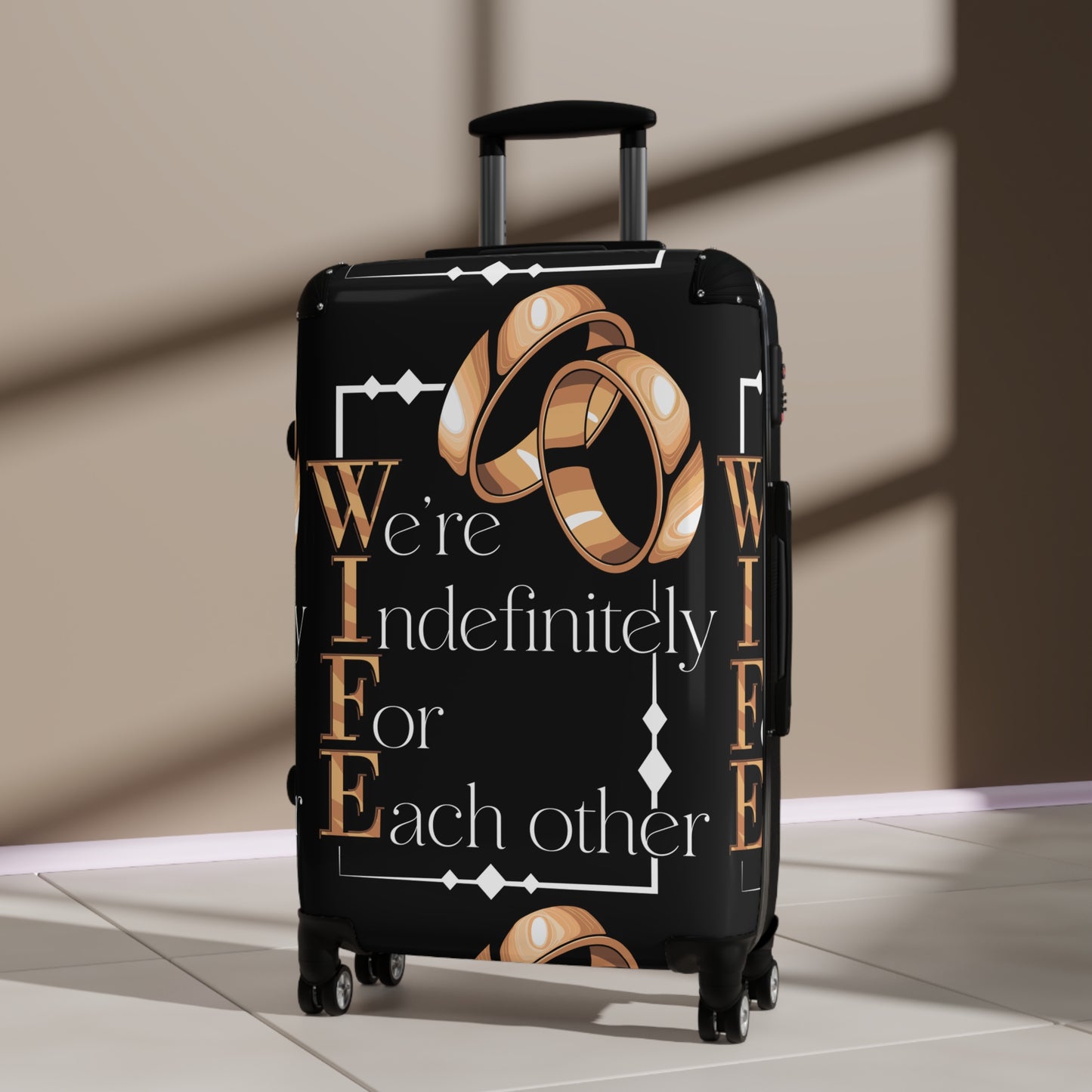 W.I.F.E. Elegant Wedding Suitcase with Rings Design, Travel Luggage, Bride's Gift, Honeymoon, Couple's Travel Bag, Newlywed Suitcase