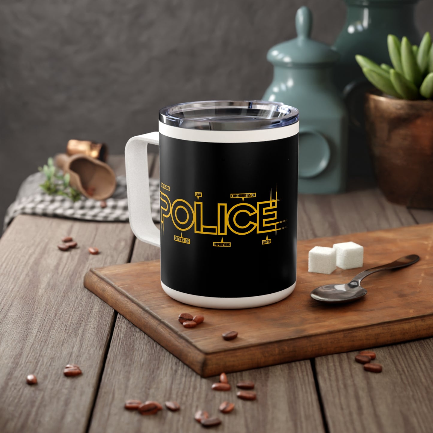 P.O.L.I.C.E. (Professional Officer of Law Improving Communities on Earth) Insulated Coffee Mug with Bold Design for Law Enforcement