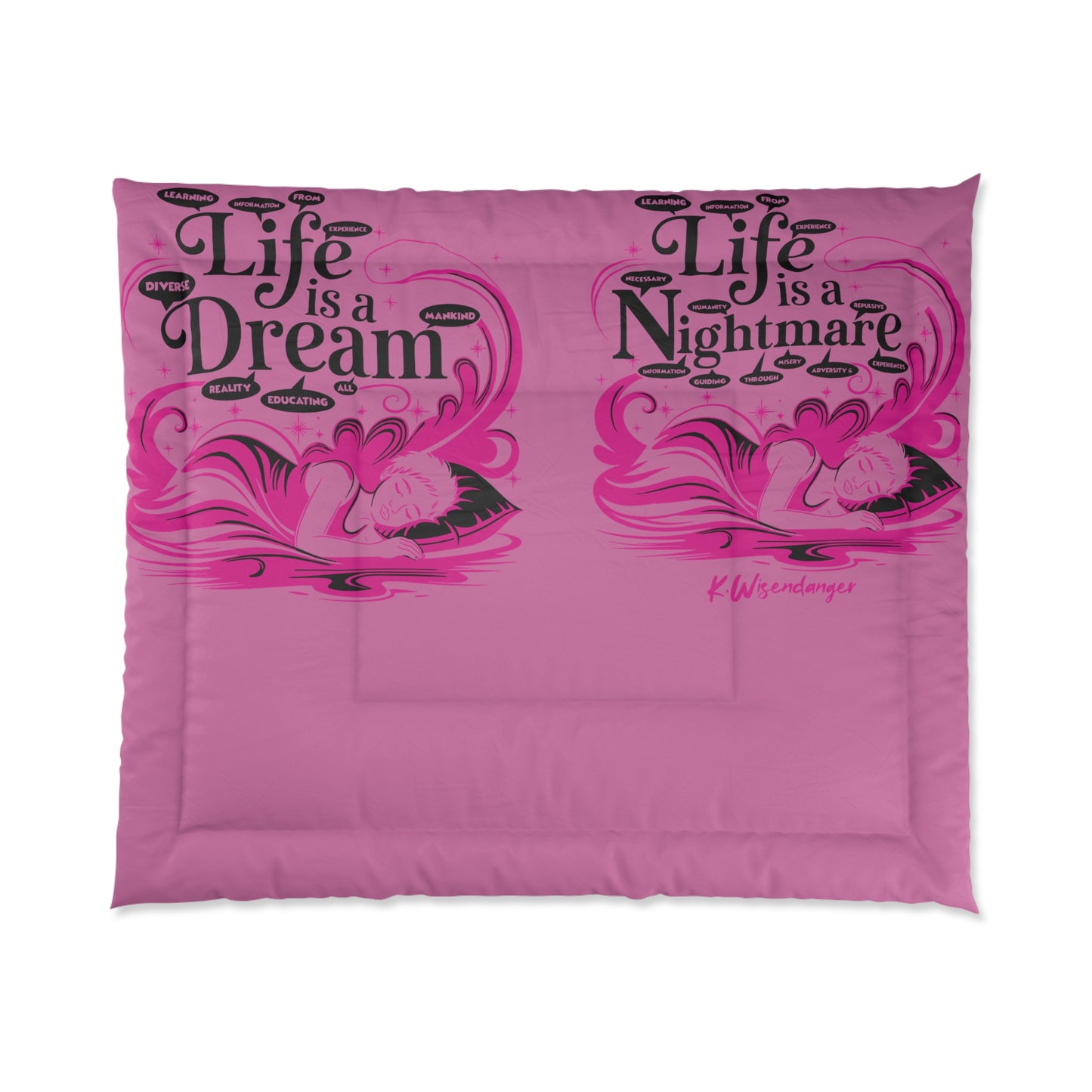 Life Is A Dream Comforter | Pink Bedspread, Cozy Bedding, Home Decor, Gift for Dreamers, Bedroom Makeover