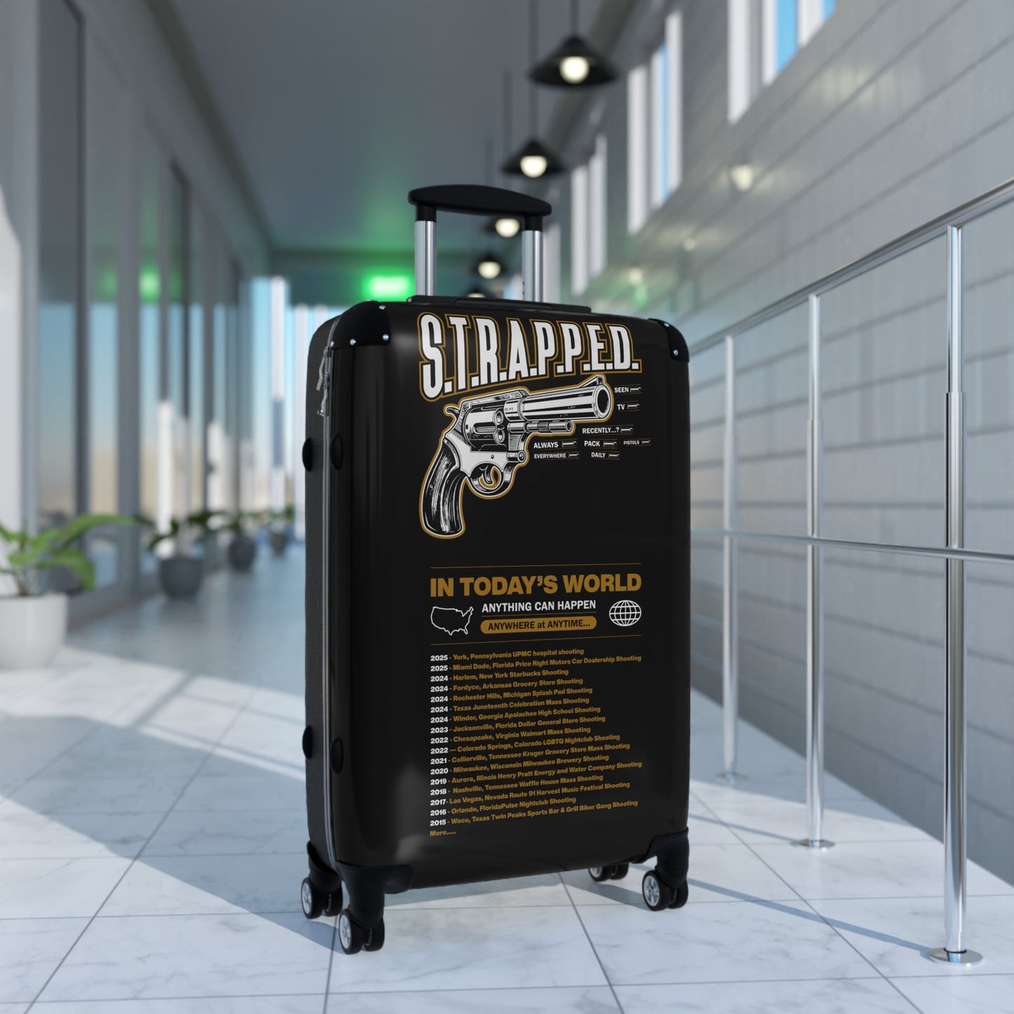 S.T.R.A.P.P.E.D. Carry-On Luggage, Travel Bag, Adventure Suitcase, Unique Vacation Gear, Gun Design Suitcase