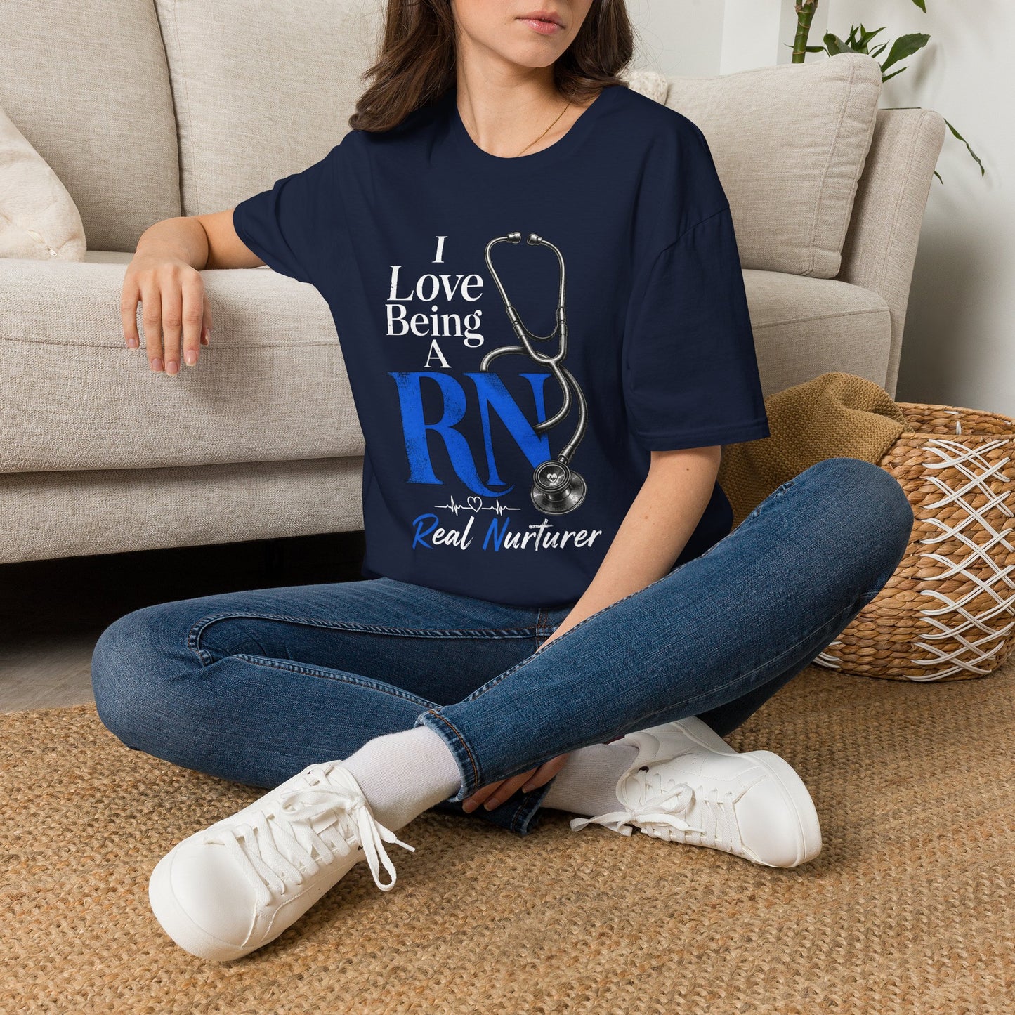 RN Stethoscope T‑Shirt — "I Love Being A RN" Real Nurturer Nurse Tee