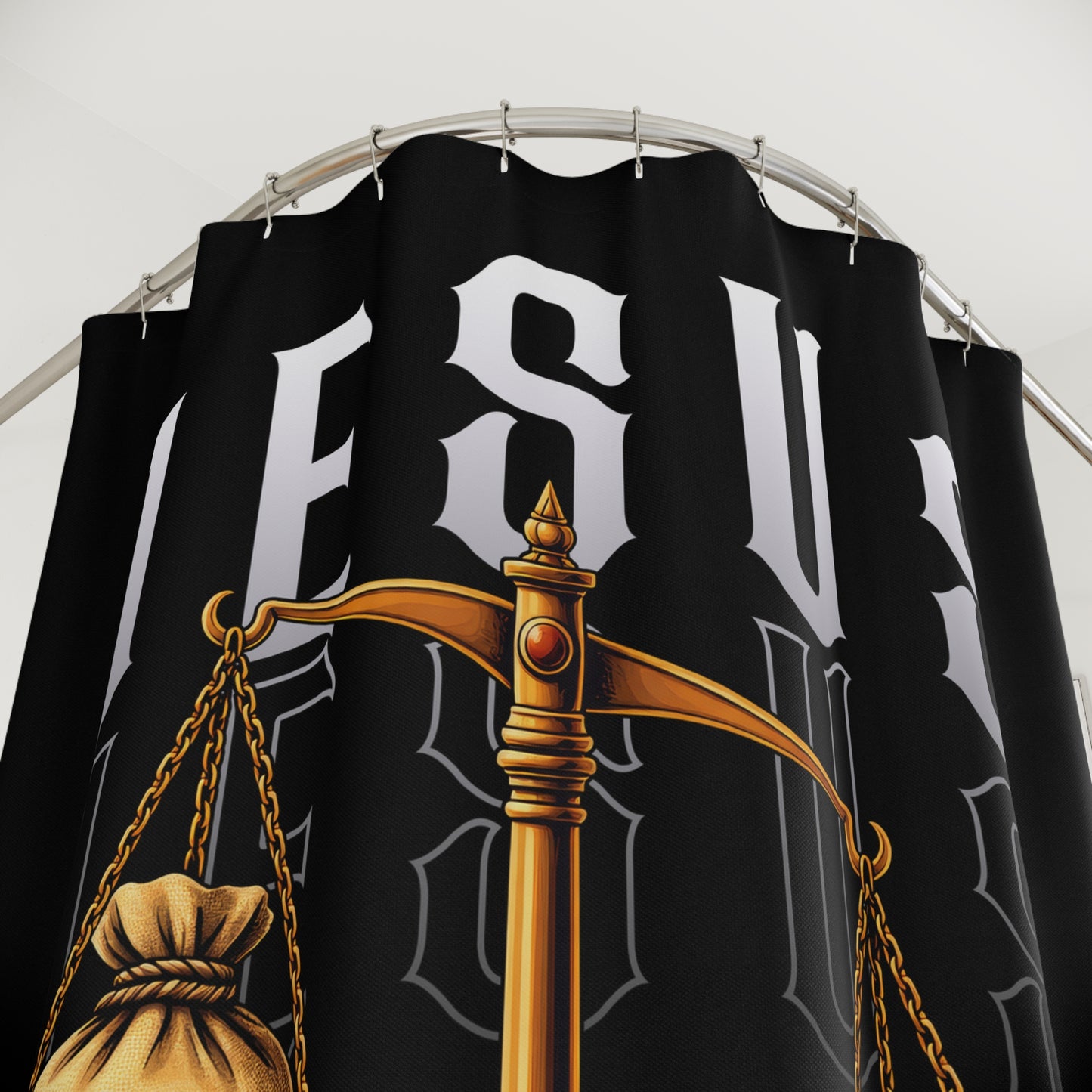 Jesus Scales Shower Curtain — Sins vs Forgiveness Christian Bathroom Decor