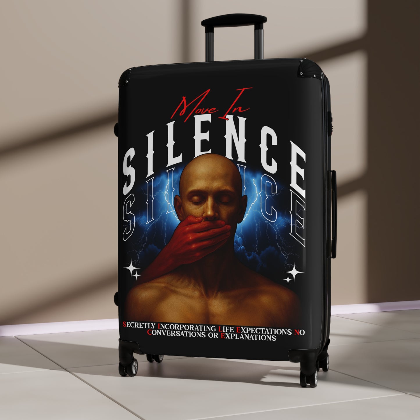 Move In S.I.L.E.N.C.E. Travel Suitcase with Artistic Design, Unique Luggage for Stylish Travelers