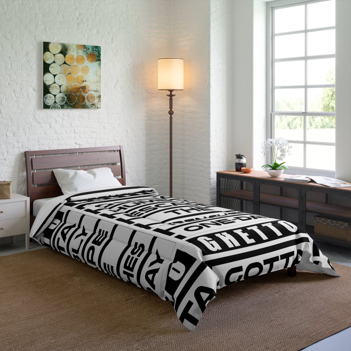 G.H.E.T.T.O. Urban Escape Comforter - Ghetto One-Day Trenches Cozy Blanket, Hip Hop Bedroom Decor, Motivational, Street Style Bedding