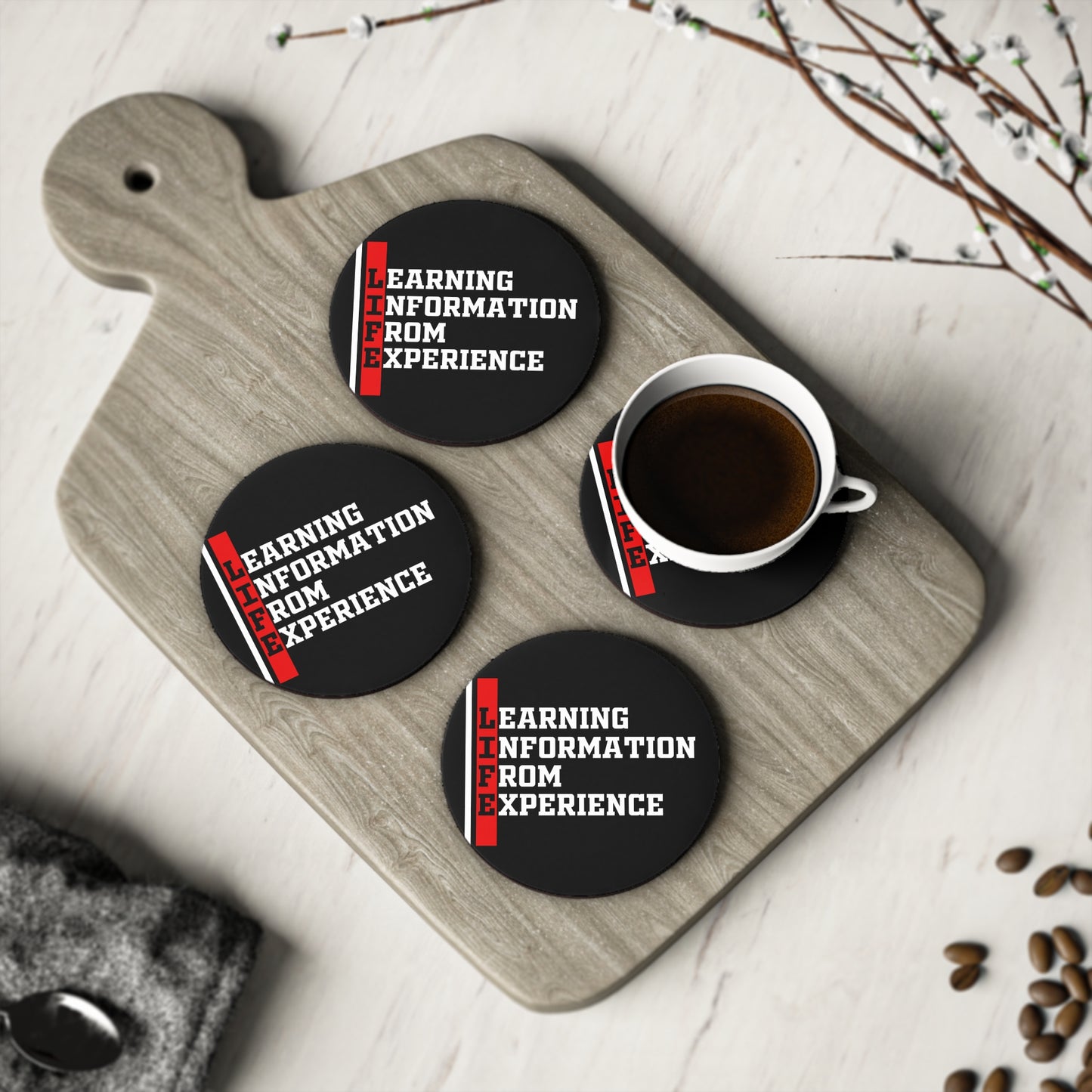 Coaster — LIFE: Learning Information From Experience Black Cork Drink Coaster