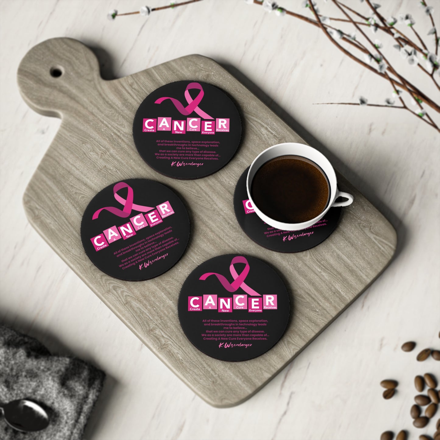 Breast C.A.N.C.E.R.  Awareness Coaster — Pink Ribbon Support Drink Coaster