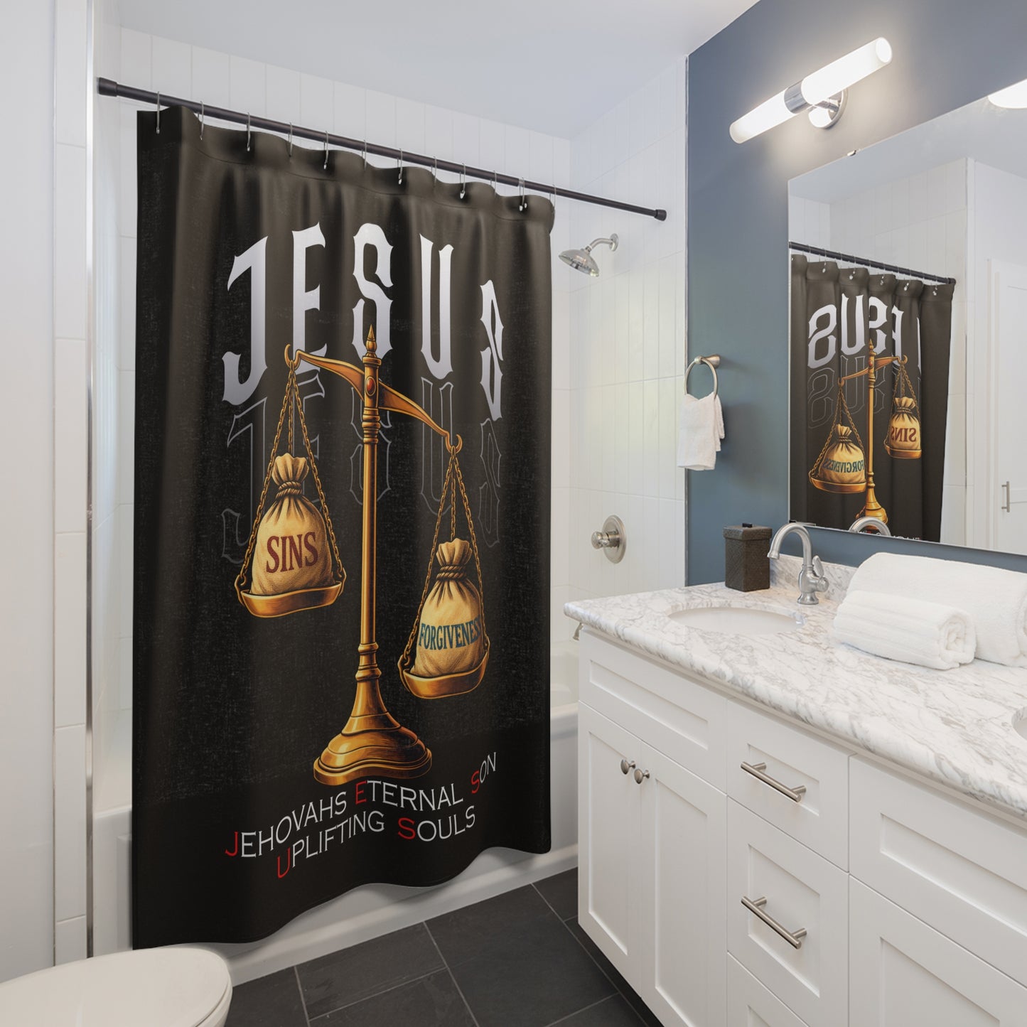 Jesus Scales Shower Curtain — Sins vs Forgiveness Christian Bathroom Decor