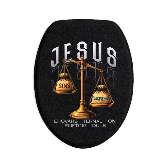 Jesus Scales Bath Mat Set — 3-Piece Religious Bathroom Rug (Sins vs Forgiveness)