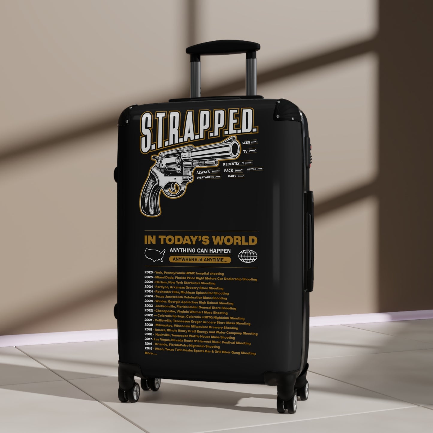 S.T.R.A.P.P.E.D. Carry-On Luggage, Travel Bag, Adventure Suitcase, Unique Vacation Gear, Gun Design Suitcase