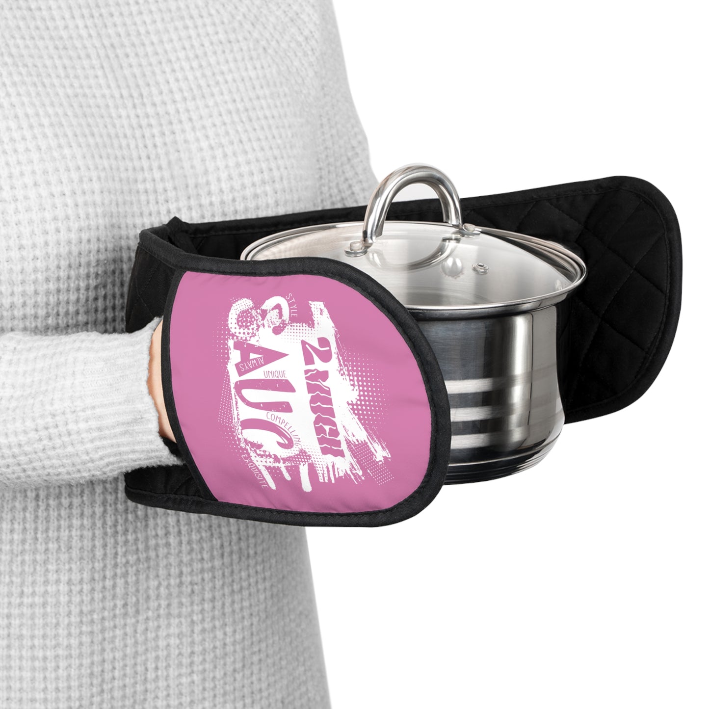 2 Much Sauce Oven Mitts - Pink "Sauce" Double Pot Holder (Long Quilted Handle Cover)