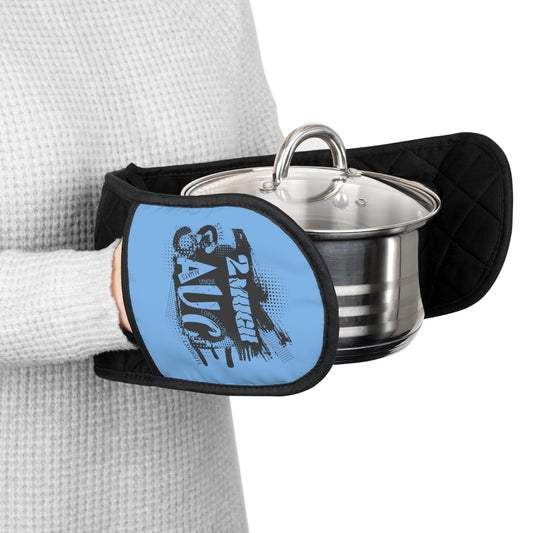 2 Much Sauce  Oven Mitts — Reversible Double-Handle Heat-Resistant Pot Holder with 'Sauce' Graphic