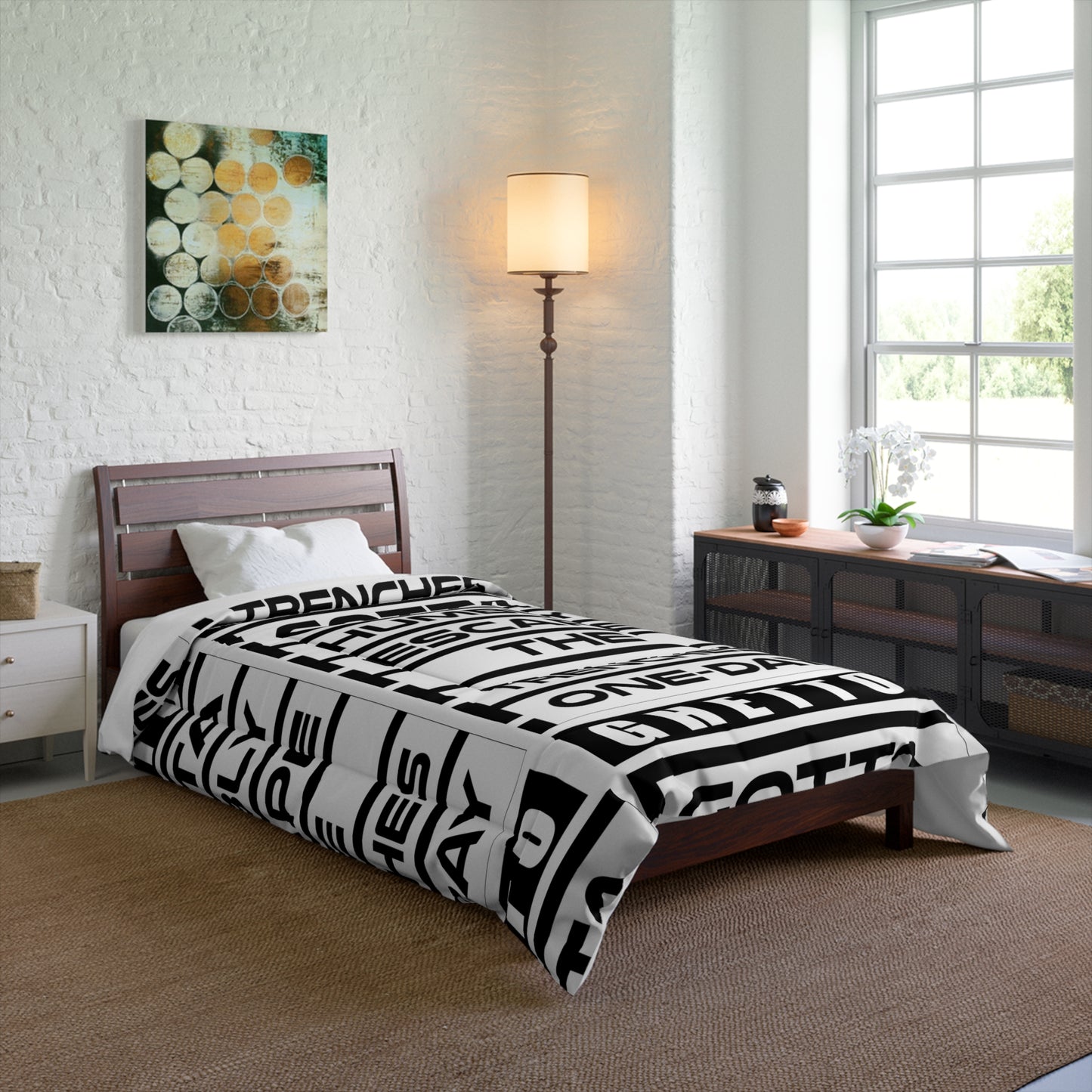 G.H.E.T.T.O. Urban Escape Comforter - Ghetto One-Day Trenches Cozy Blanket, Hip Hop Bedroom Decor, Motivational, Street Style Bedding