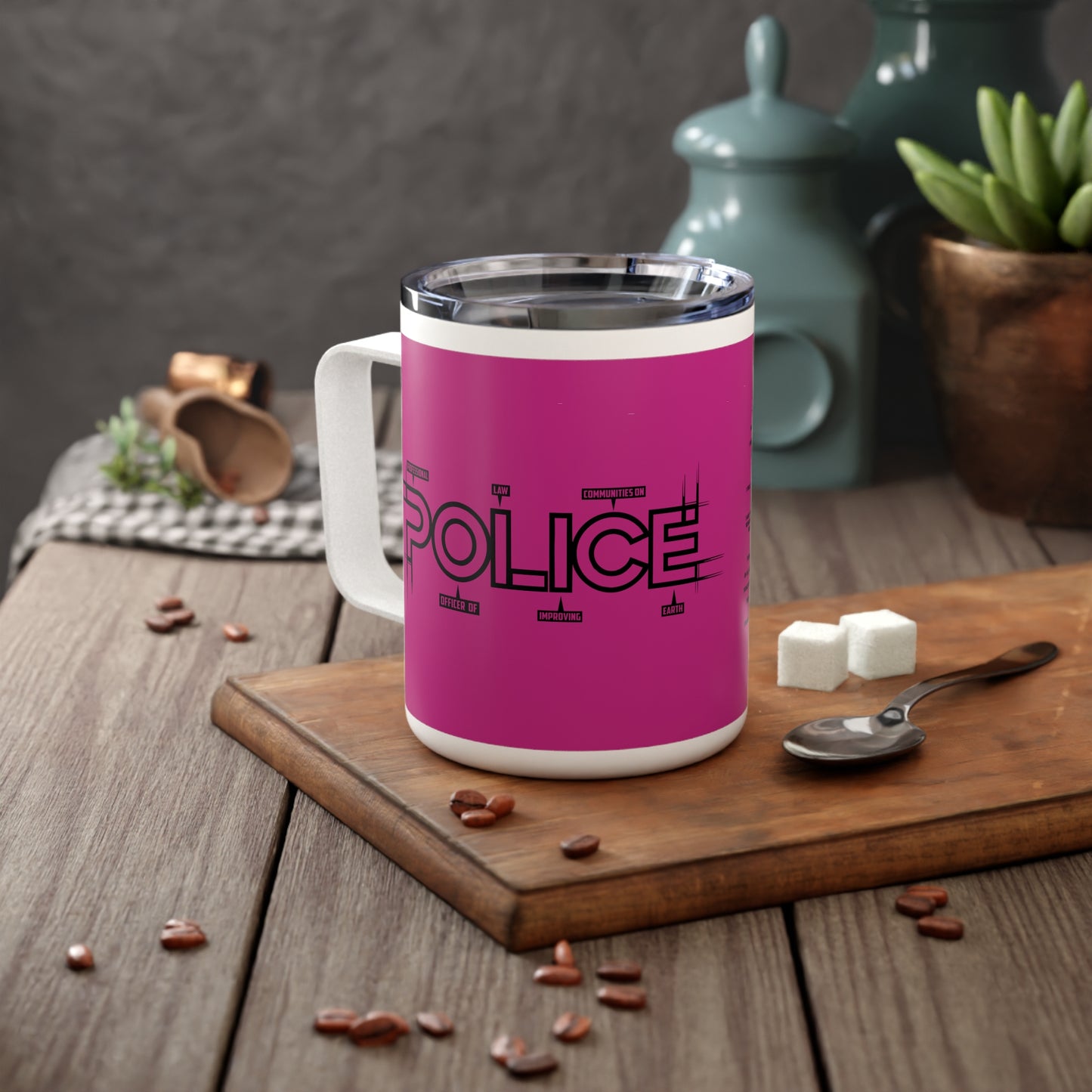 P.O.L.I.C.E. (Professional Officer of Law Improving Communities on Earth) Vibrant Insulated Coffee Mug, Fun Gift for Coffee Lovers, Law Enforcement